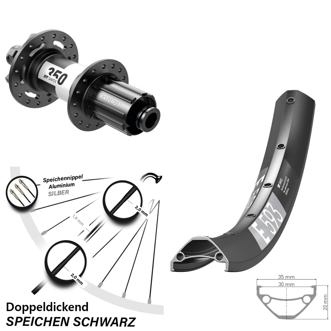 DT Swiss E 593-350 27,5 Zoll 6-Loch Hinterrad 12x142 8-11 fach HG
