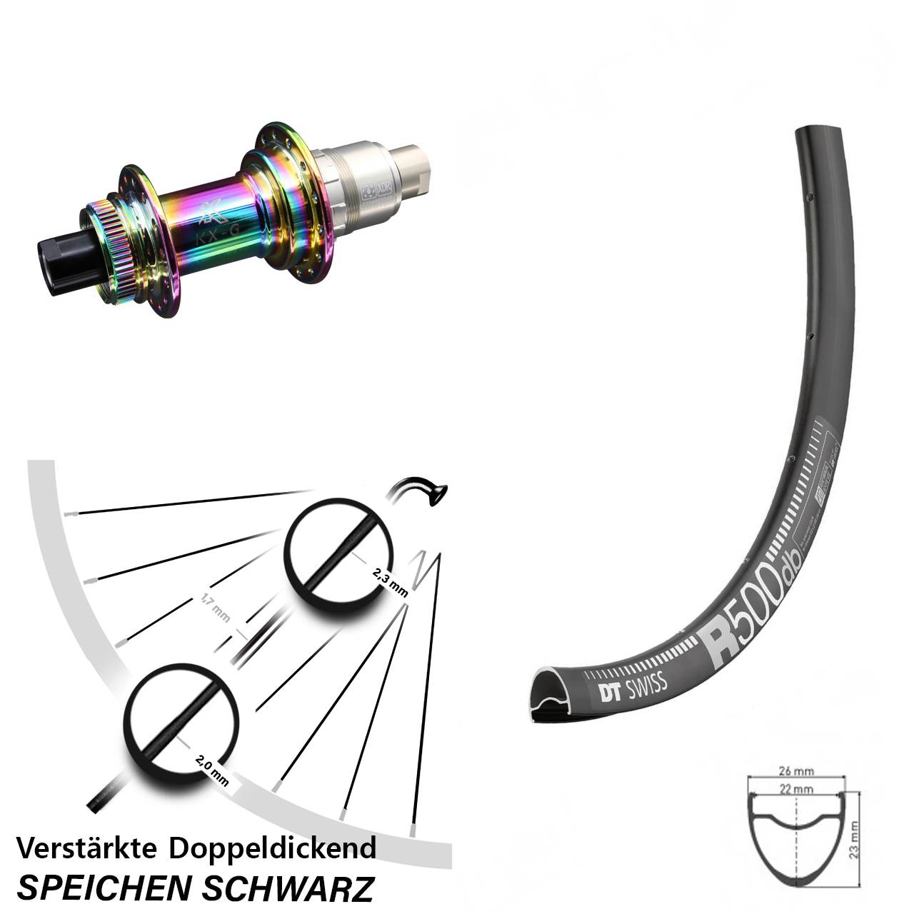 28 Zoll DT Swiss R500 KX-G Oilslick Centerlock Hinterrad 12x142 XDR