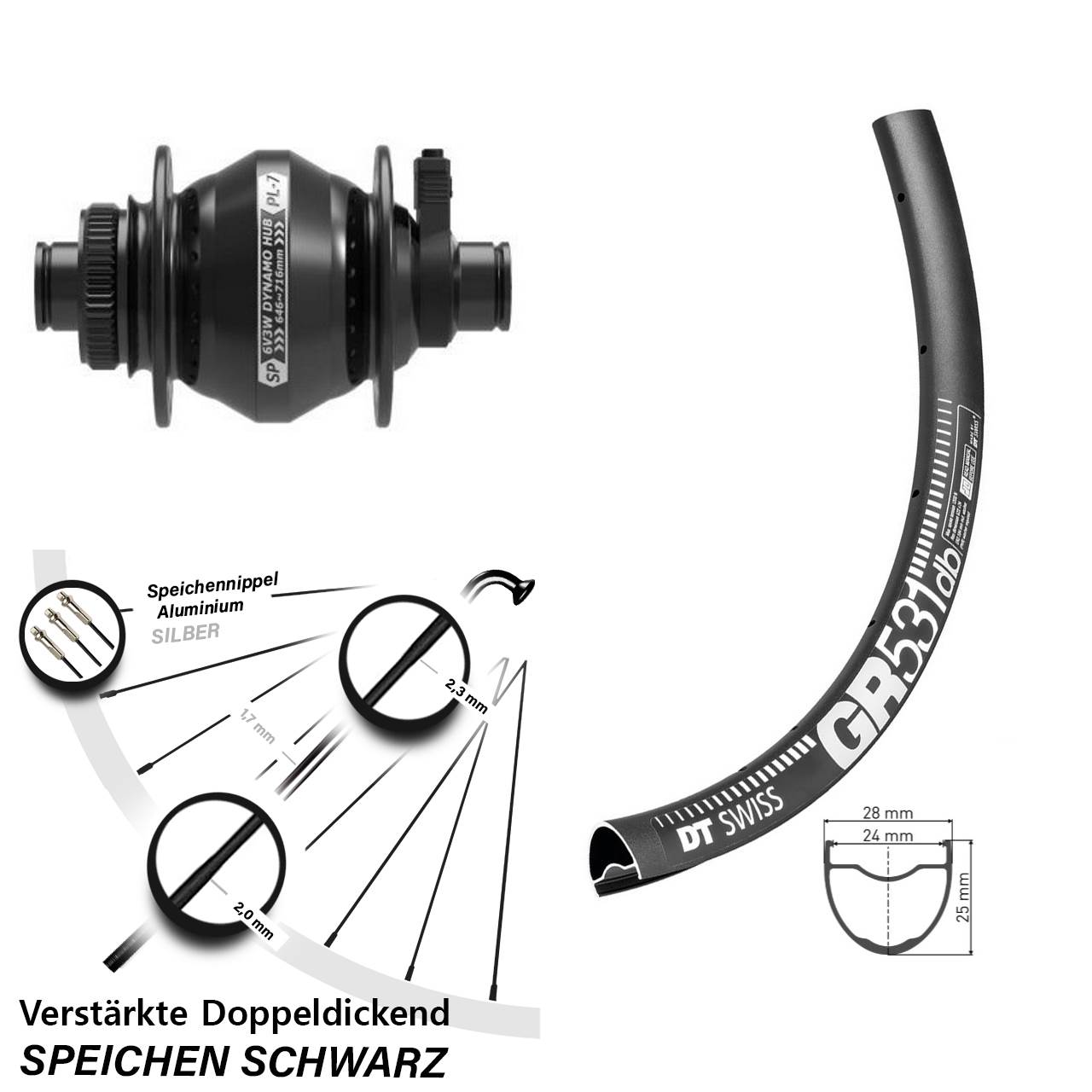 Nabendynamo-Vorderrad Centerlock 29 Zoll DT Swiss GR531 Shutter Precision PL-7 12x100