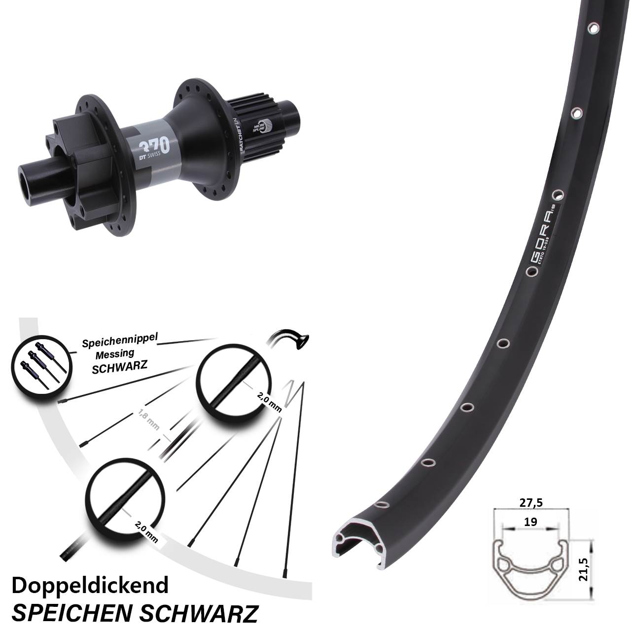 Hinterrad 6-Loch 28 Zoll Gora 19 DT Swiss 370 Shimano Micro Spline 12x142