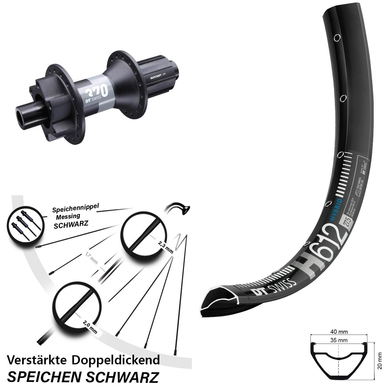 27,5 Zoll DT Swiss H612 370 Hinterrad 6-Loch 12x148 8-11 fach HG