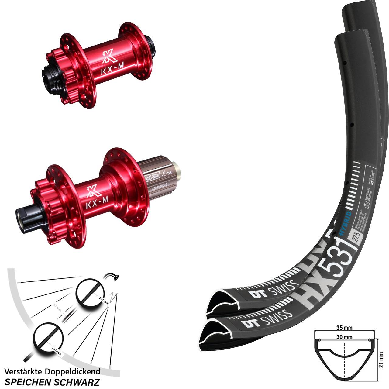 29 Zoll DT Swiss HX 531 KX-M rot Disc Laufrad-Satz 15x100 12x142 8-12 fach HG