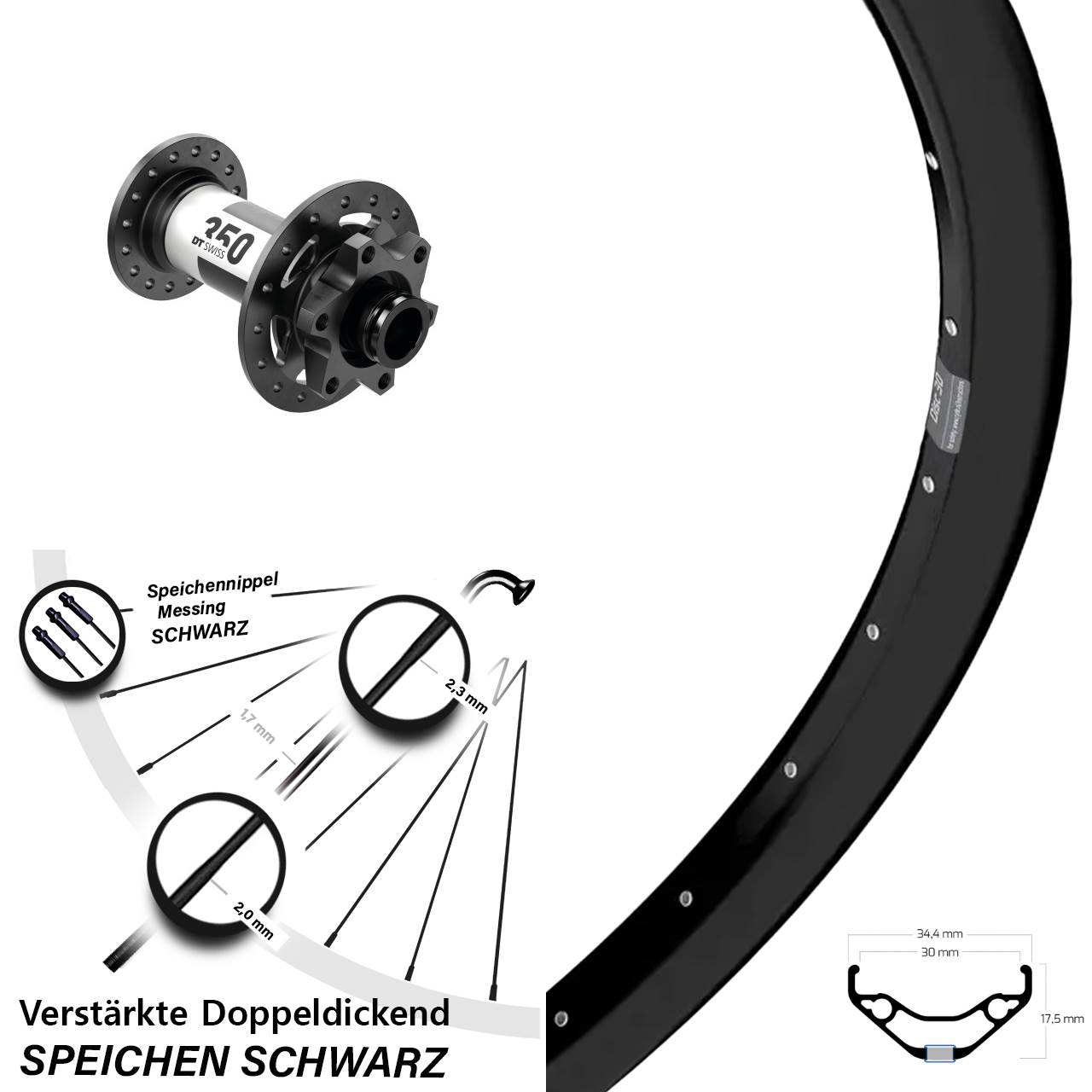 27,5 Zoll Ryde Disc 30 DT Swiss 350 Vorderrad 6-Loch 15x100