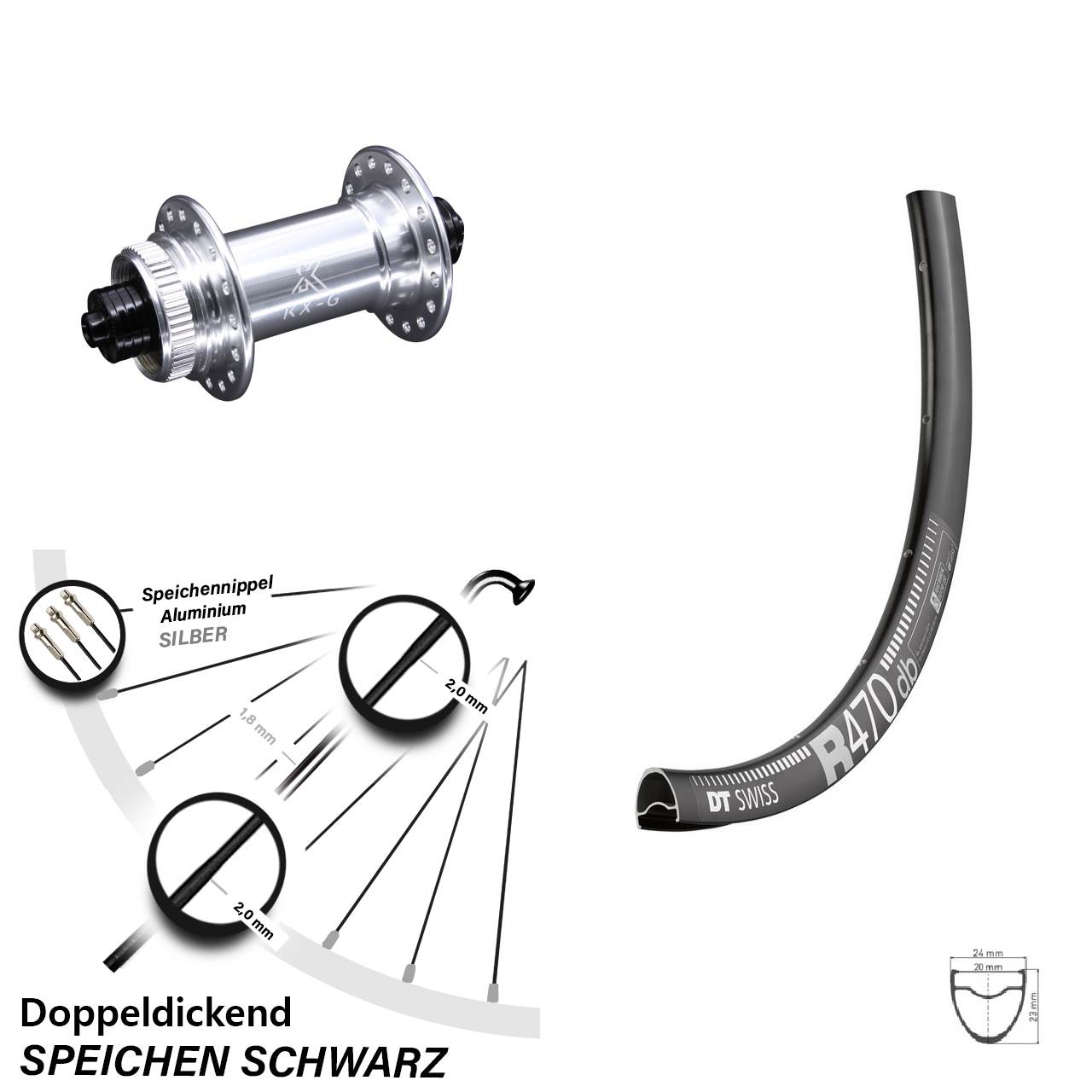 DT Swiss R 470 DB Vorderrad 28 Zoll mit KX-G silbern Schnellspanner 5x100 mm