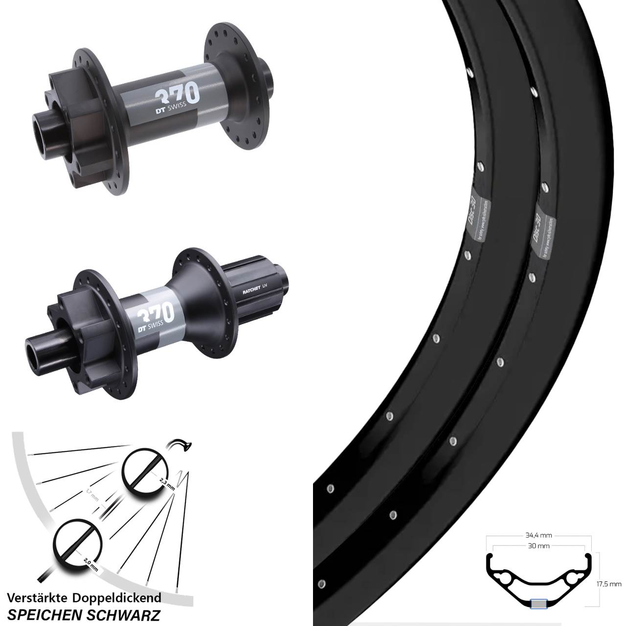 Ryde Disc 30 DT Swiss 370 29 Zoll Laufradsatz 6-Loch 15x110 12x148 8-11 fach