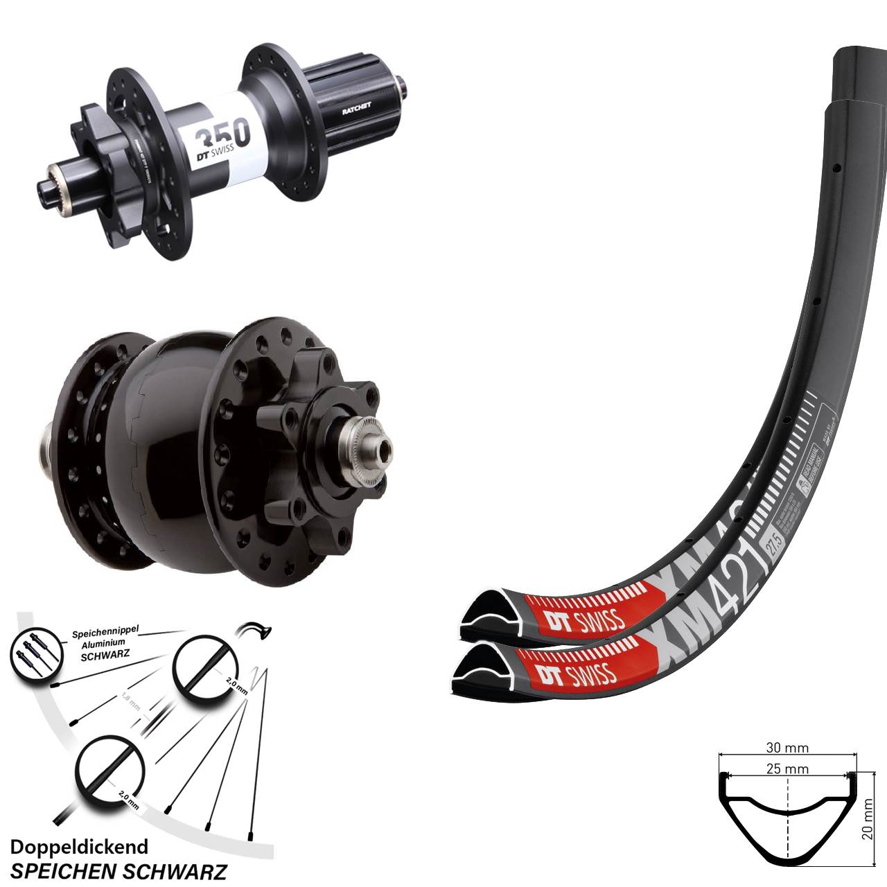 29 Zoll Laufradsatz XM 421 DT Swiss 350 Disc 6-loch Dynamo SON 28 schwarz
