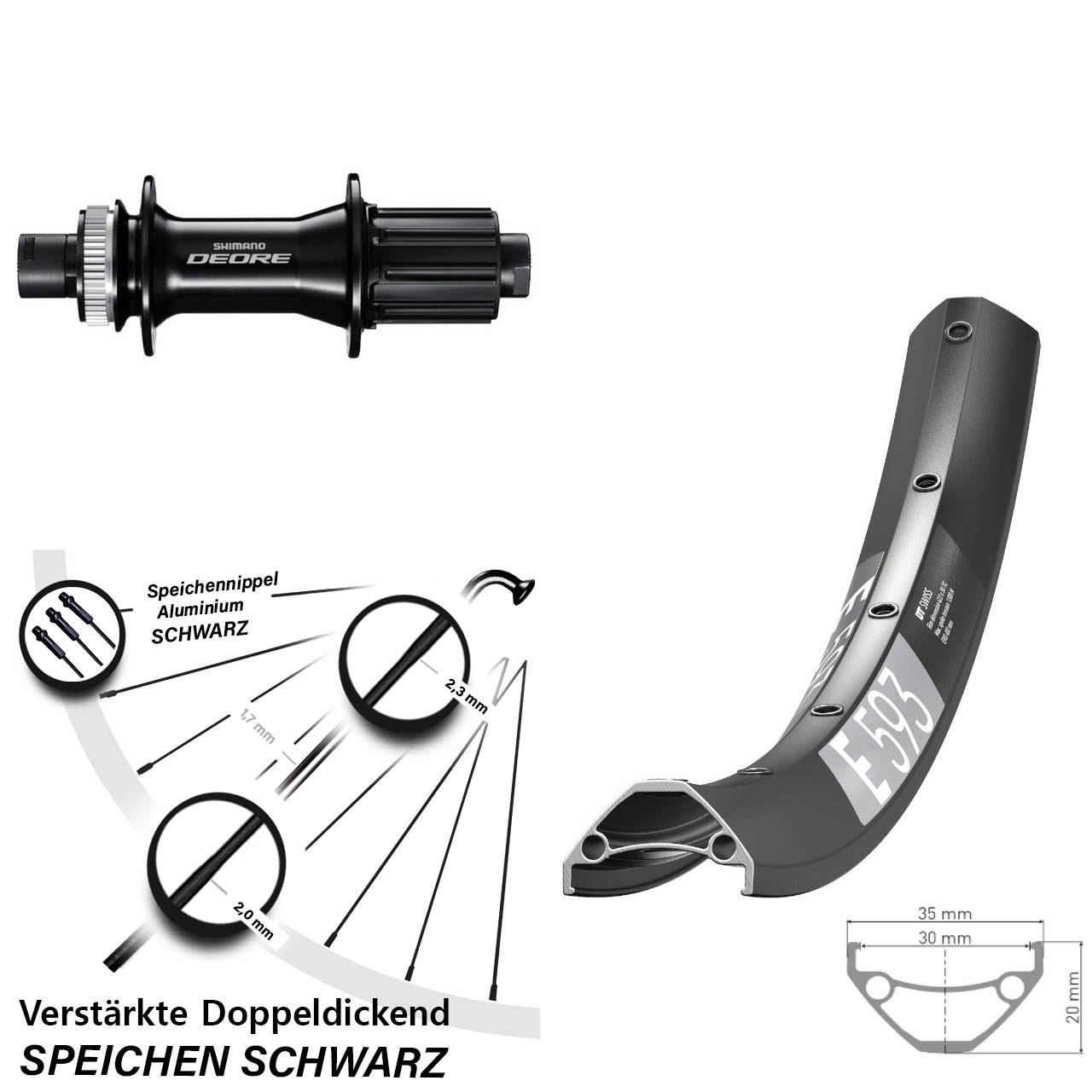 DT Swiss E 593 Shimano Deore 29 Zoll Centerlock Hinterrad 12x148 8-11 fach HG