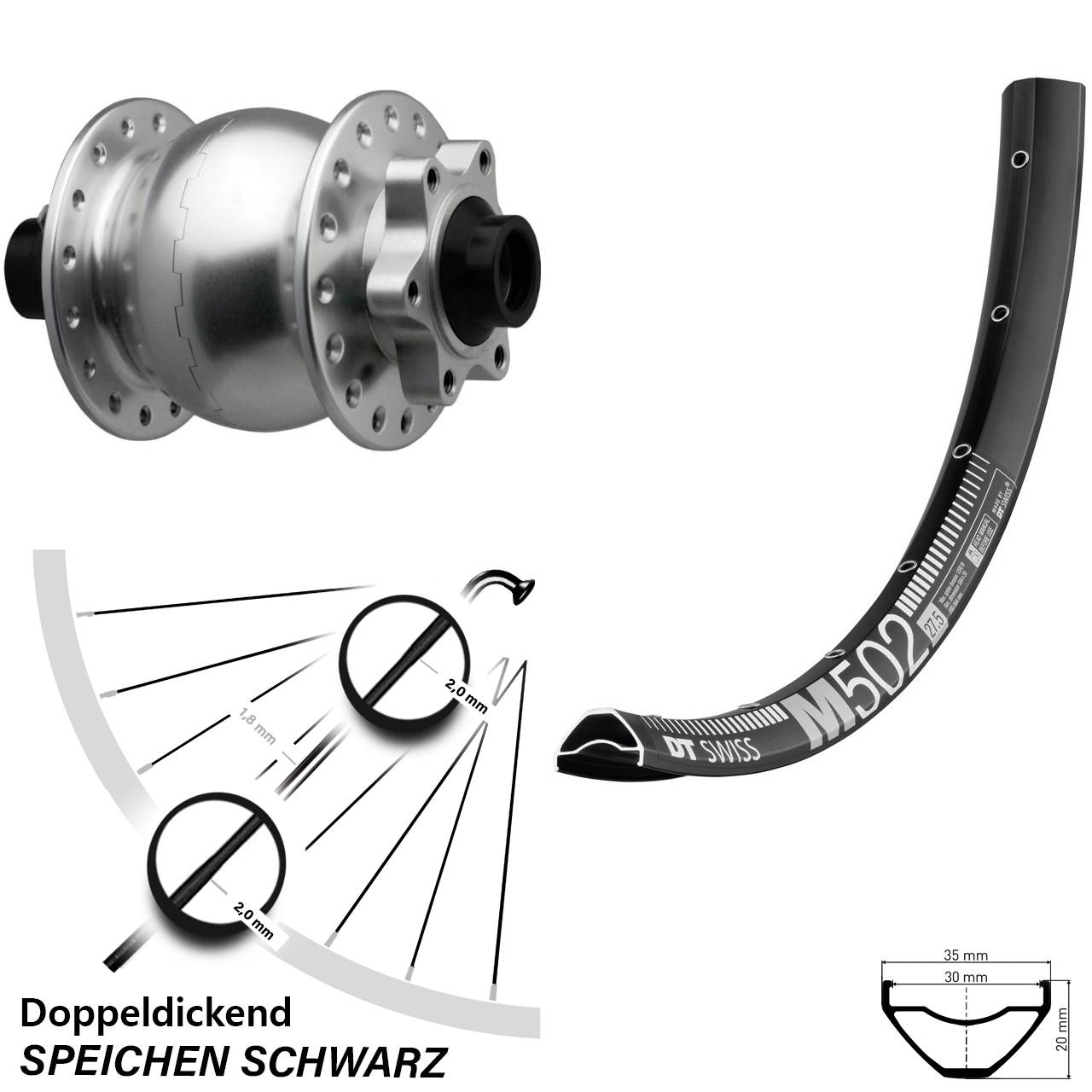 27,5 Zoll DT Swiss M 502 SON 28 silbern Disc Vorderrad mit Nabendynamo 15x110 Boost
