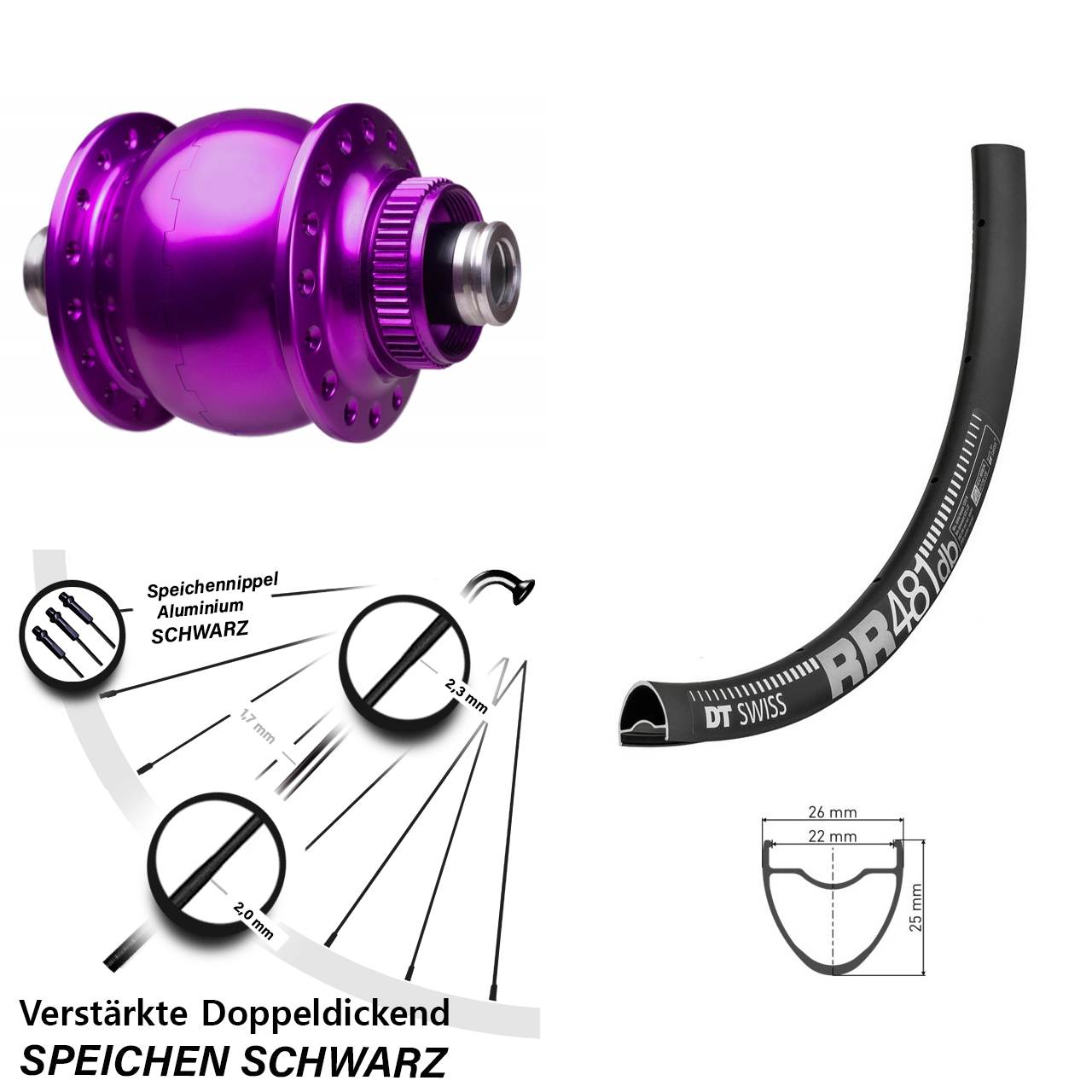 Nabendynamo-Vorderrad Centerlock DT Swiss RR 481 SON 28 Zoll violett 12x100