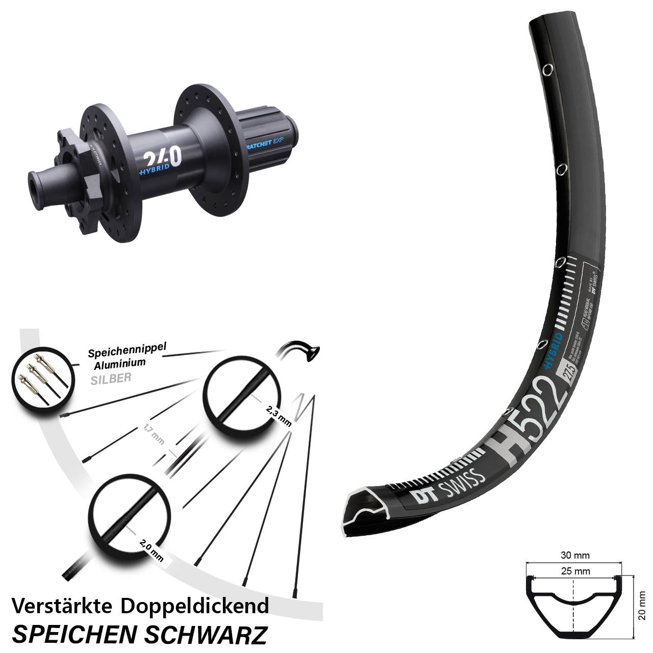 29 Zoll Hinterrad E-Bike H 522 DT Swiss 240 Hybrid Boost 12x148 mm 6-Loch 11-fach Shimano