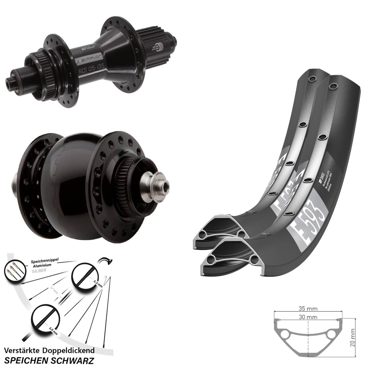 29 Zoll DT Swiss E593 370 Hybrid SON 28 Centerlock Laufradsatz QR Micro Spline