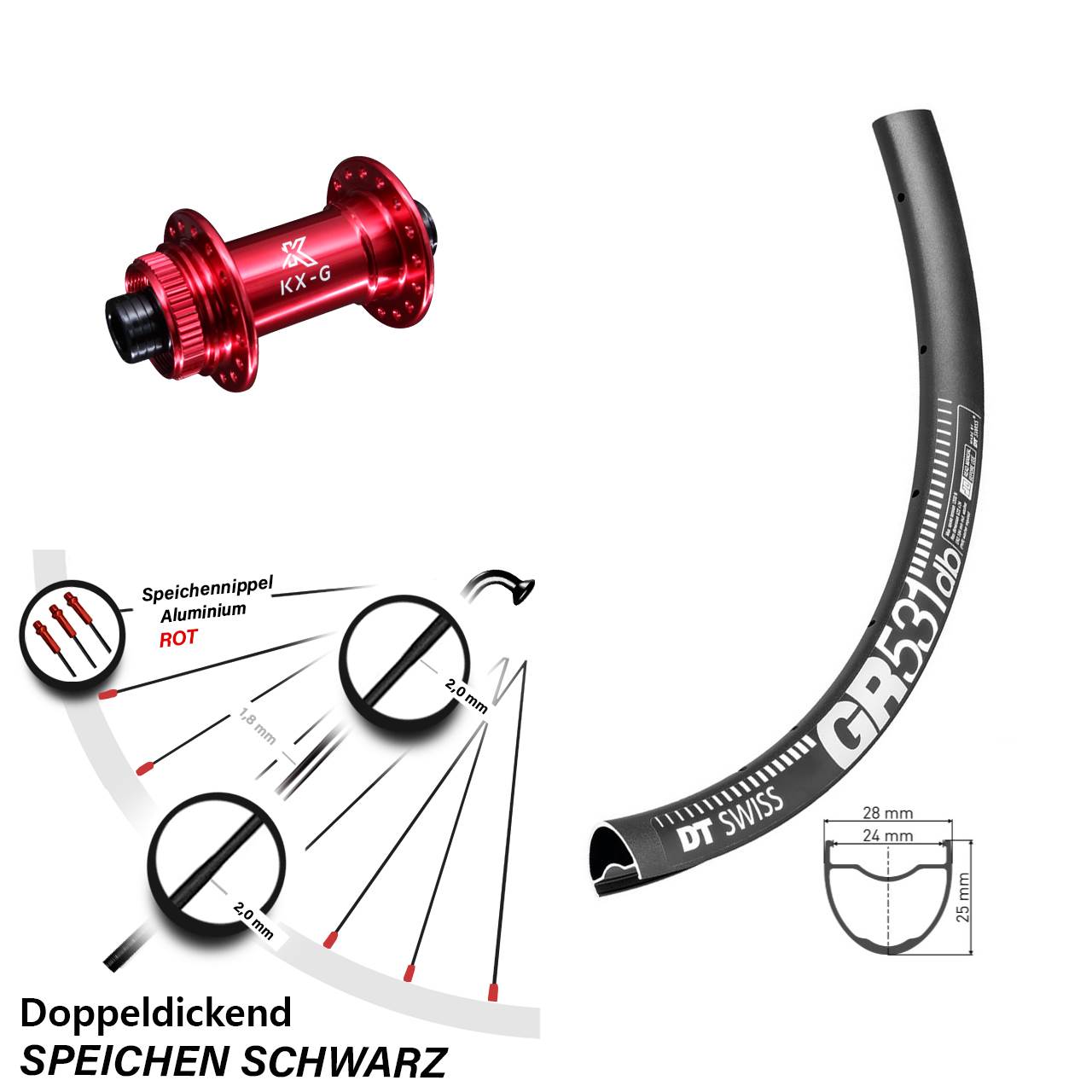 28-29 Zoll Vorderrad KX-G Nabe rot-eloxiert 12x100 DT Swiss GR 531 DB Centerlock