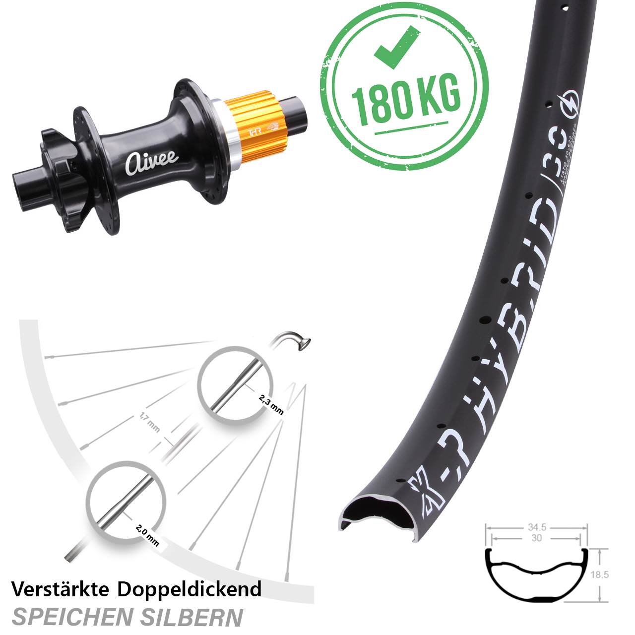 Disc Hinterrad 29 Zoll KX-R Hybrid 30 Aivee Classic Shimano Micro Spline 12x148