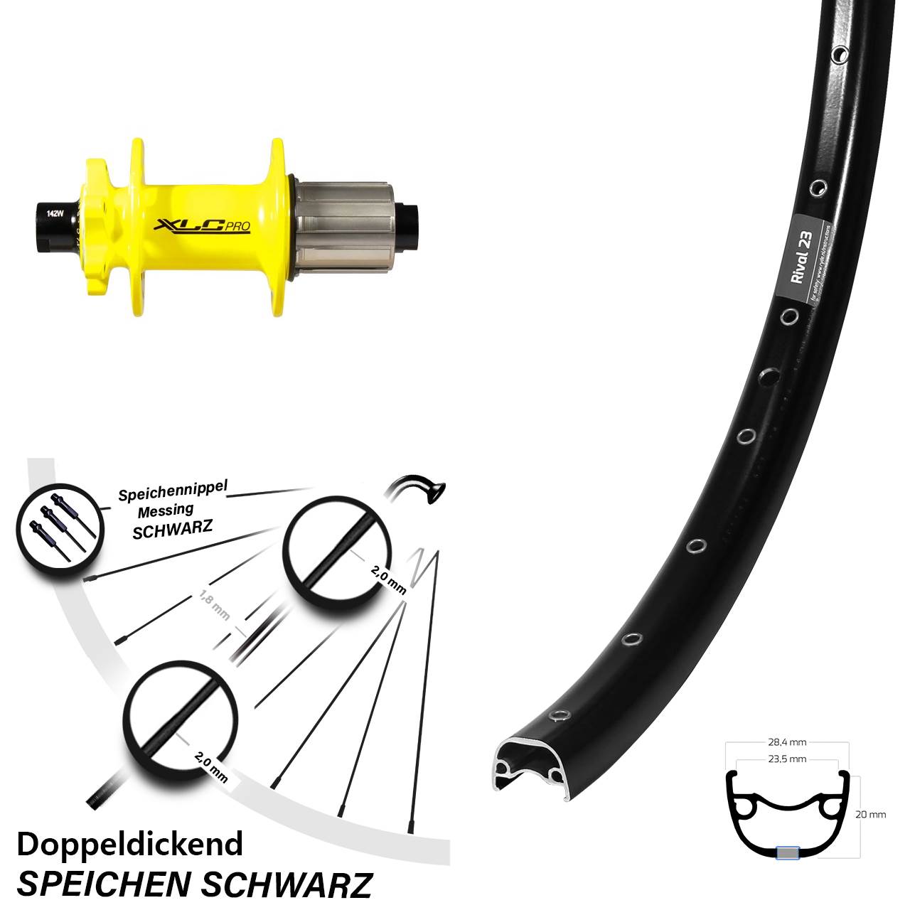 Ryde Rival 23 XLC gelb 27,5 Zoll Disc Hinterrad 12x142 8-11 fach HG