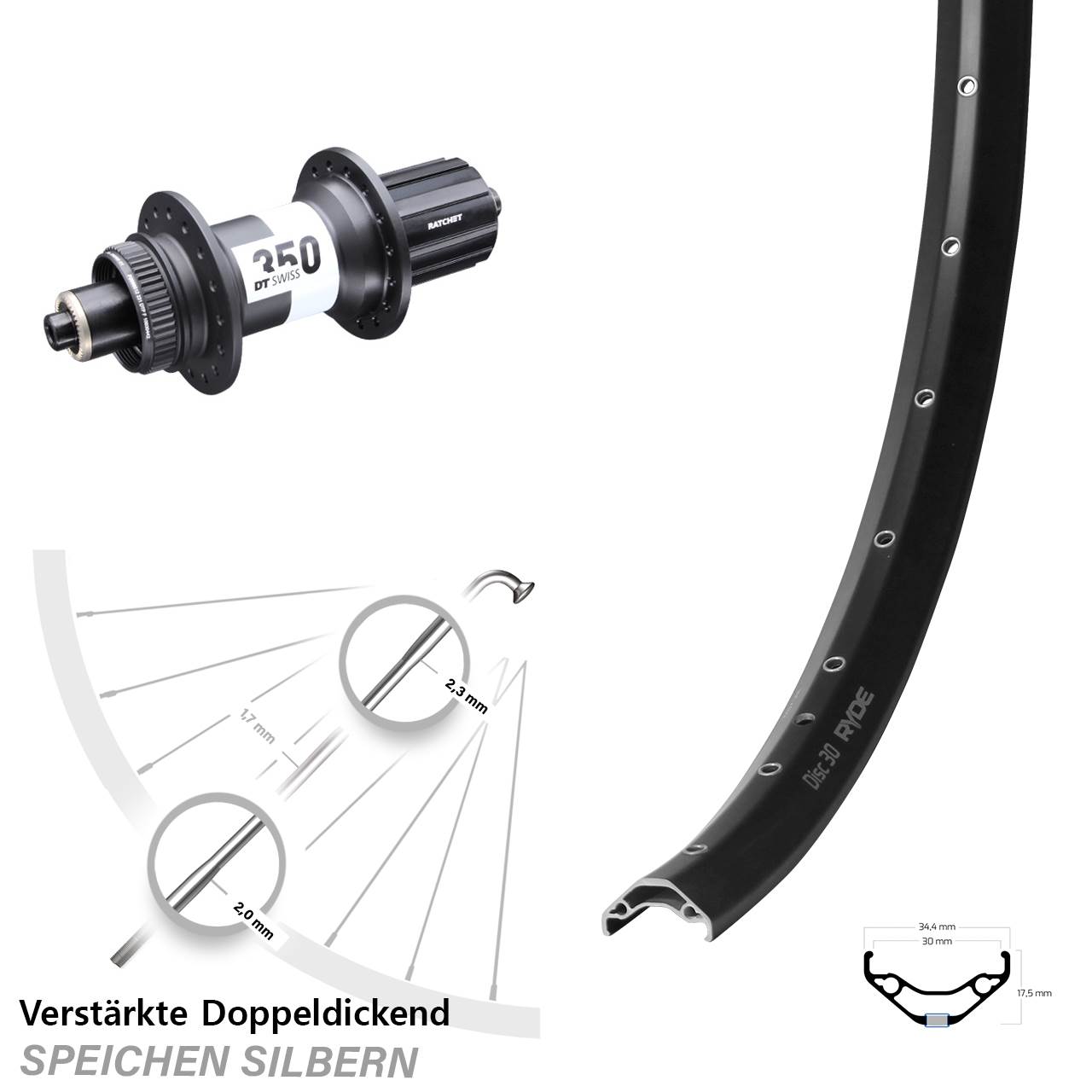 Boost Hinterrad für Schnellspanner 29 Zoll Ryde Disc 30 DT Swiss 350 8-11 fach