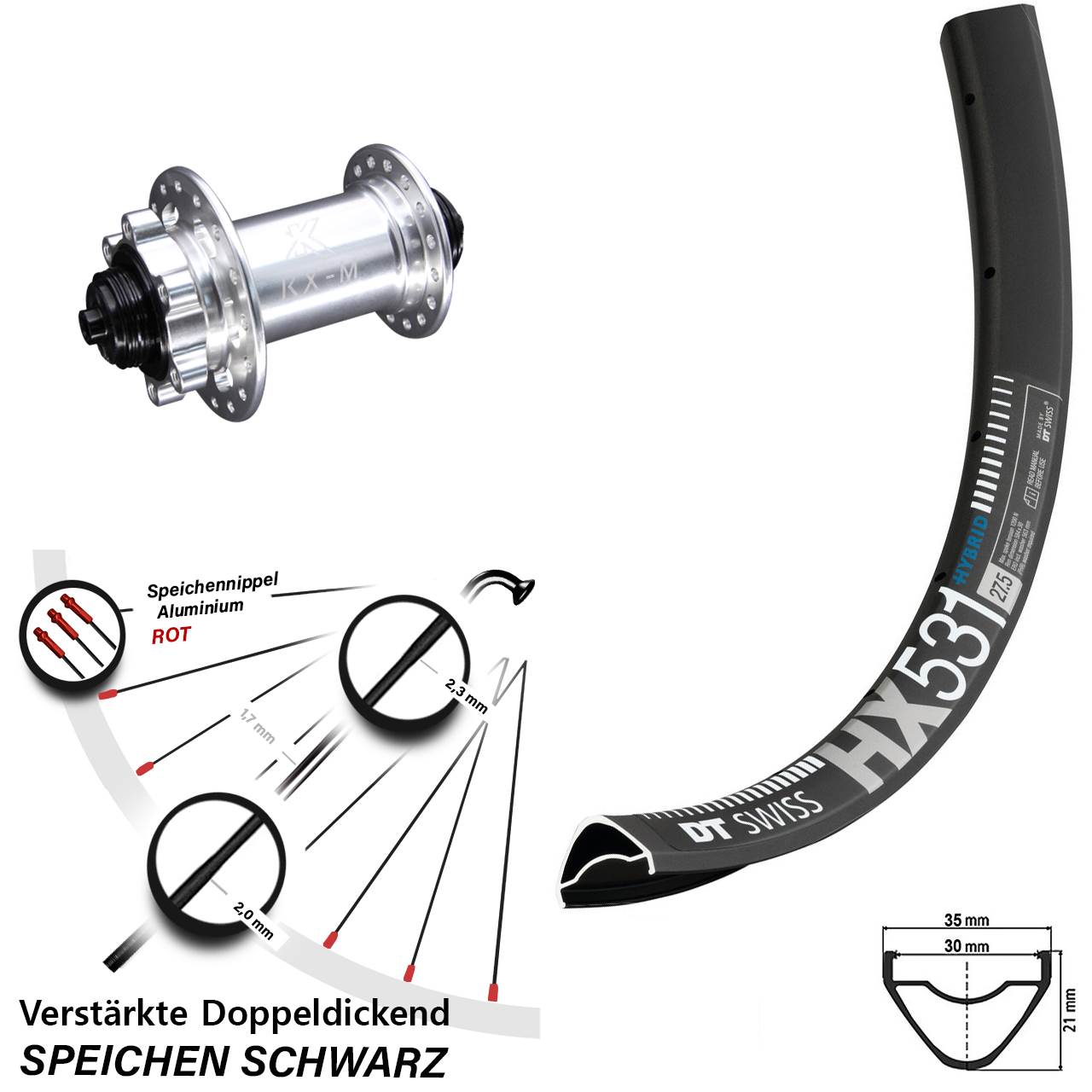 DT Swiss HX 531 KX-M 29 Zoll 6-Loch Vorderrad QR