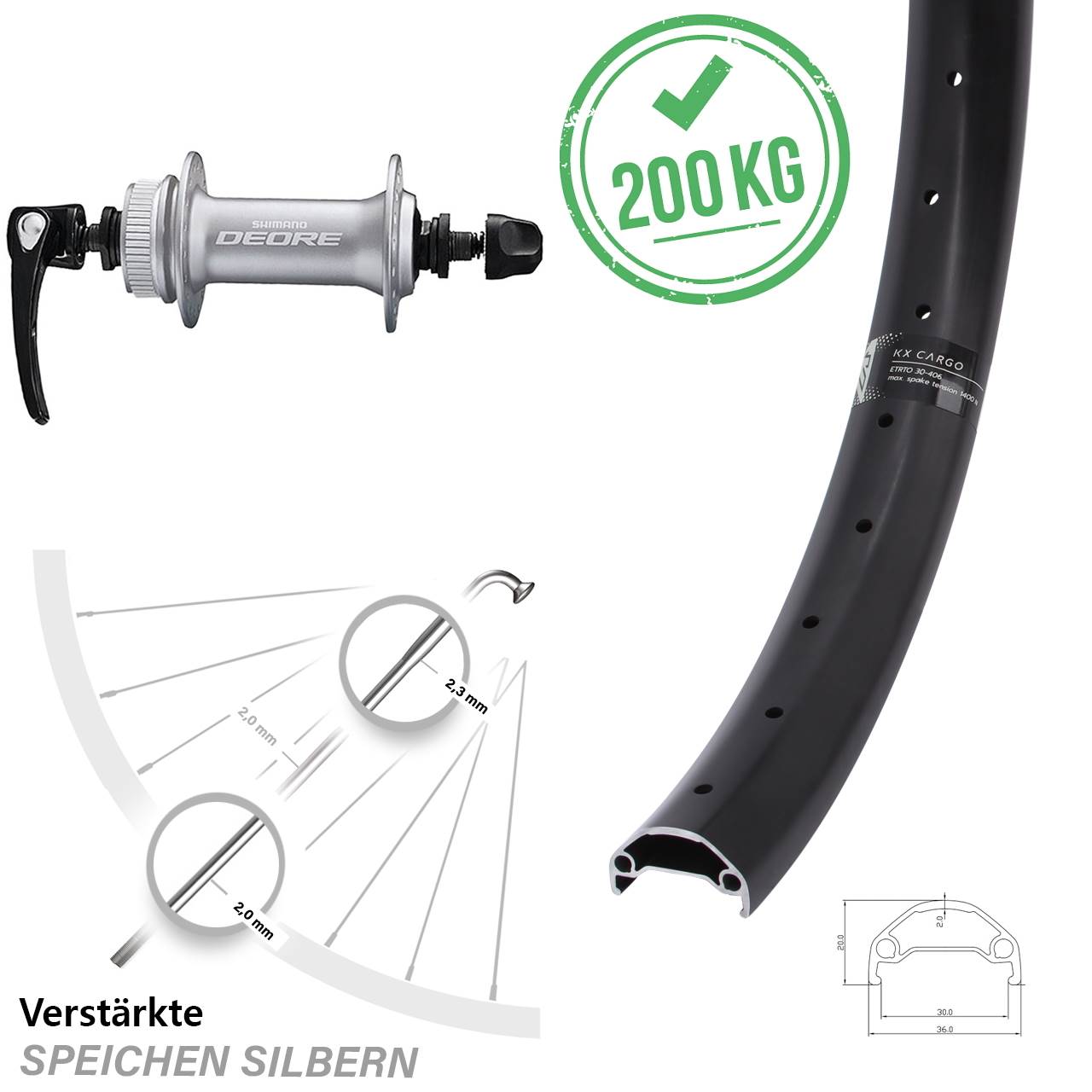 20 Zoll Vorderrad KX Cargo Shimano Deore HB-M6000