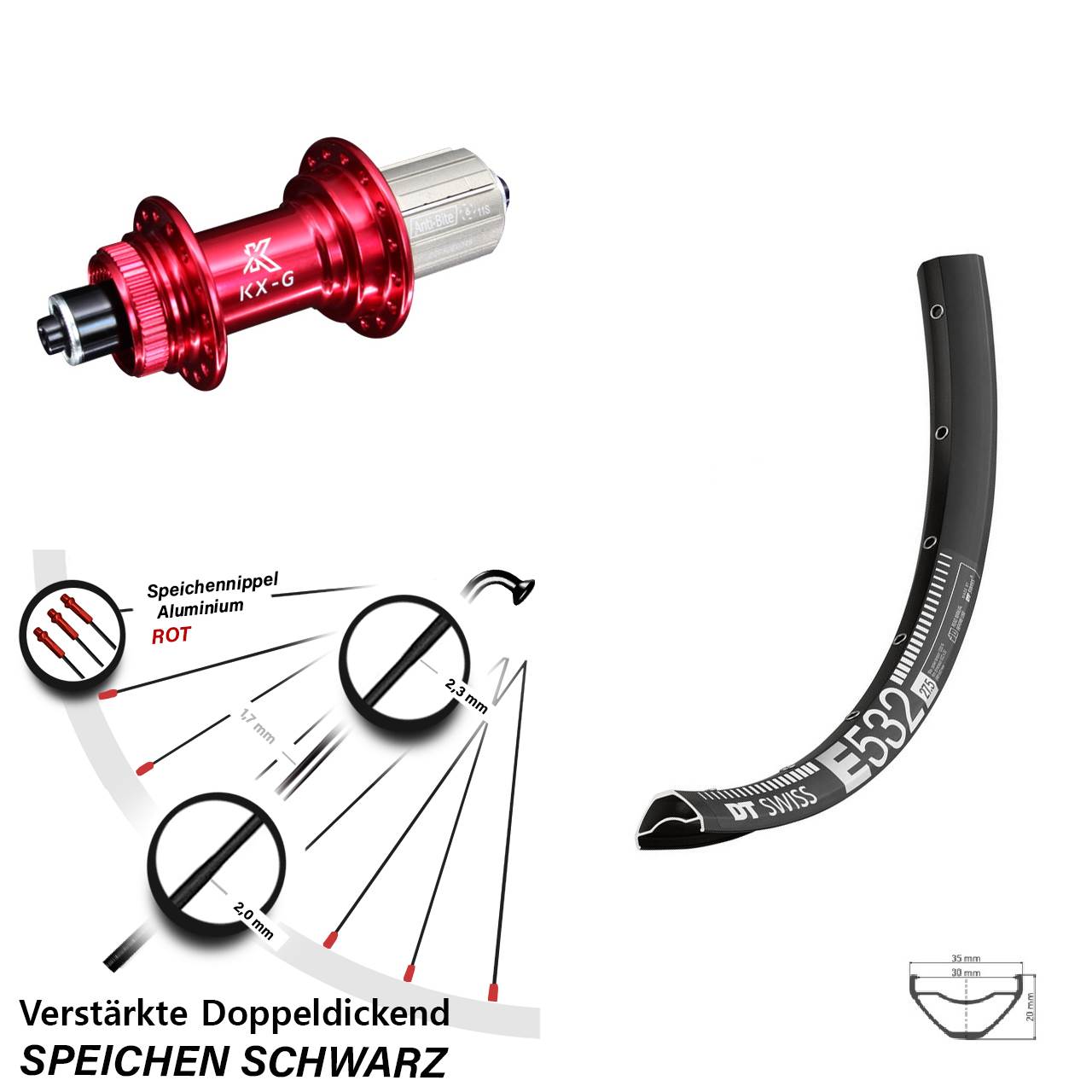 DT Swiss E532 KX-G rot 27,5 Zoll Disc Hinterrad für Schnellspanner 8-12 fach