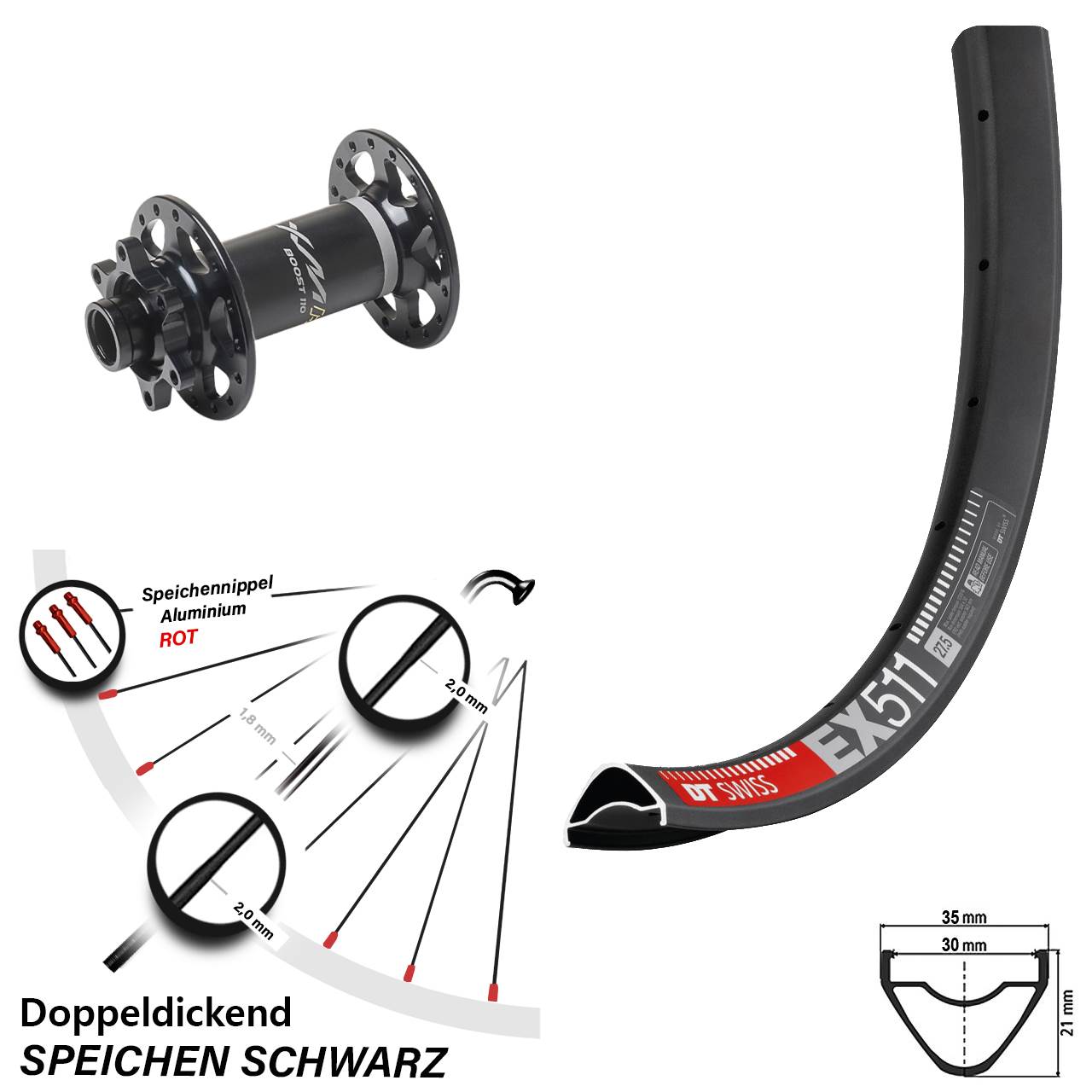 27,5 Zoll DT Swiss EX 511 Miche XMH 550 6-Loch Vorderrad 15x110 Boost