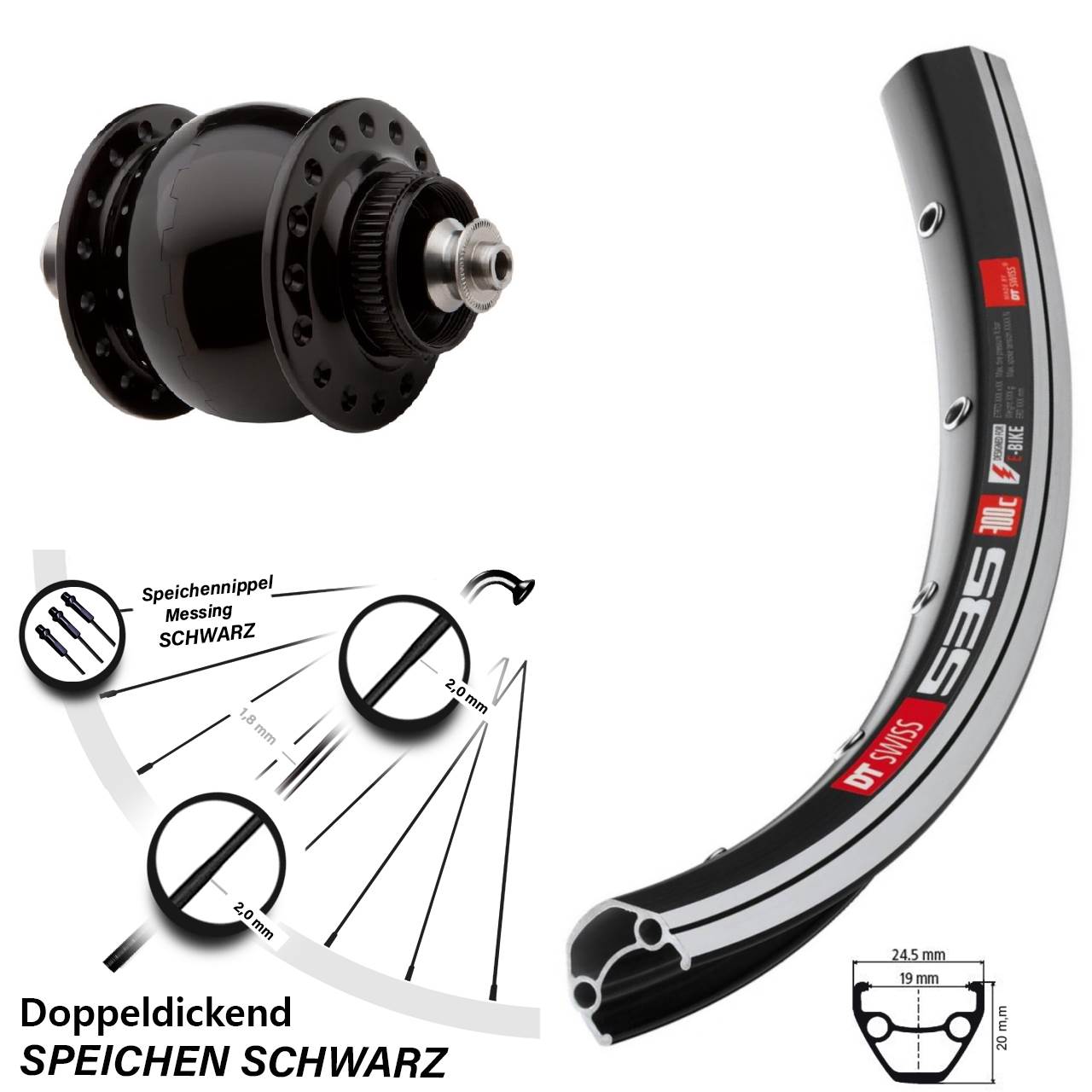 Vorderrad Fahrrad 28 Zoll DT Swiss 535 schwarz SON delux Dynamo