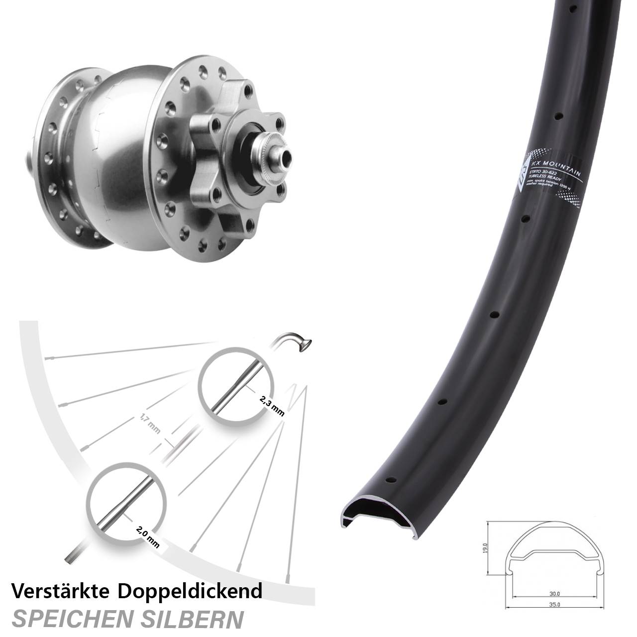 6-Loch Vorderrad mit Nabendynamo für Schnellspanner 29 Zoll KX Mountain SON 28 silbern