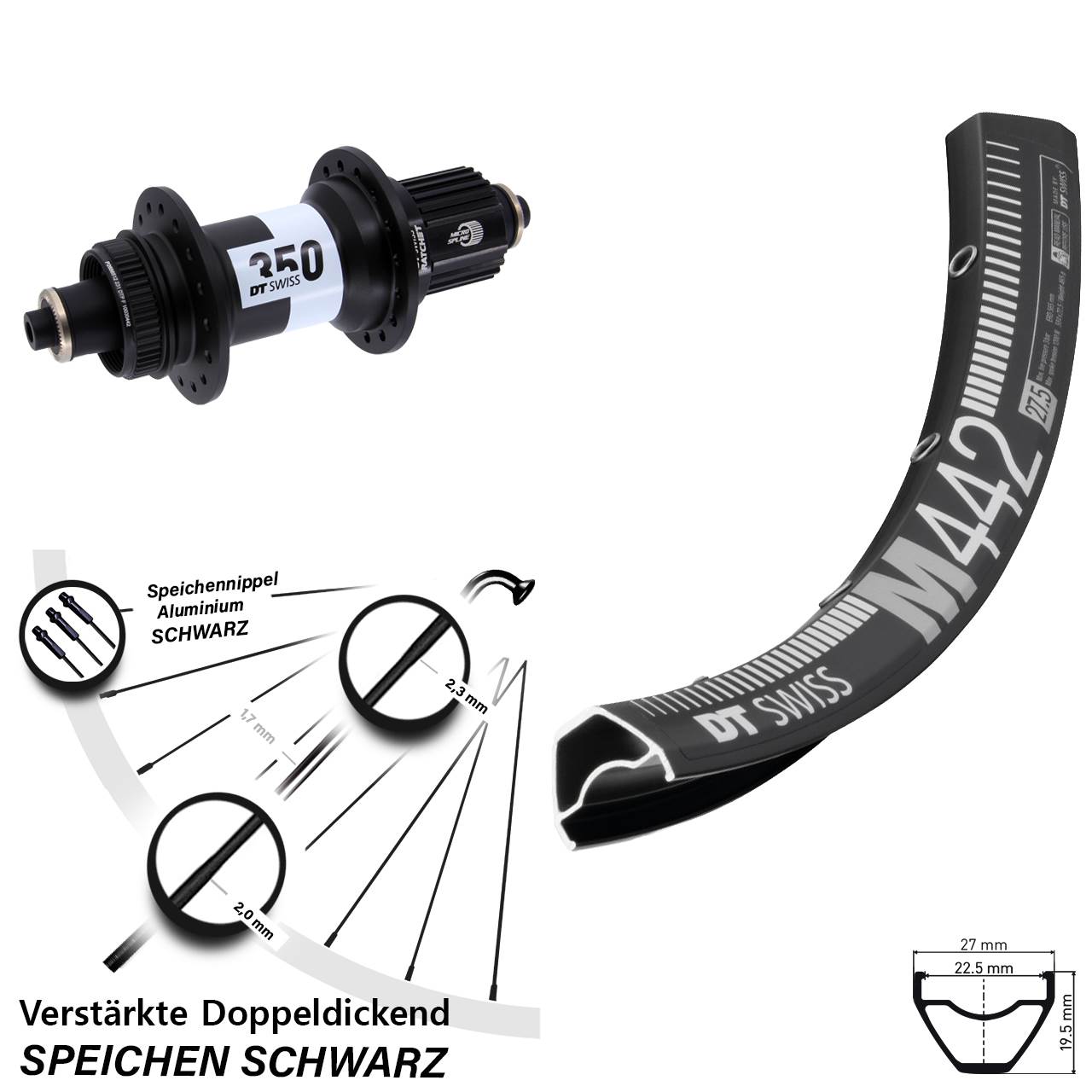 28 Zoll DT Swiss M442-350 Ratchet 36 Centerlock Hinterrad QR Shimano Micro Spline