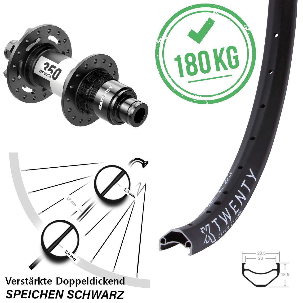 Hinterrad 6-Loch 20 Zoll KX Twenty DT Swiss 350 SRAM XD 12x148 Boost