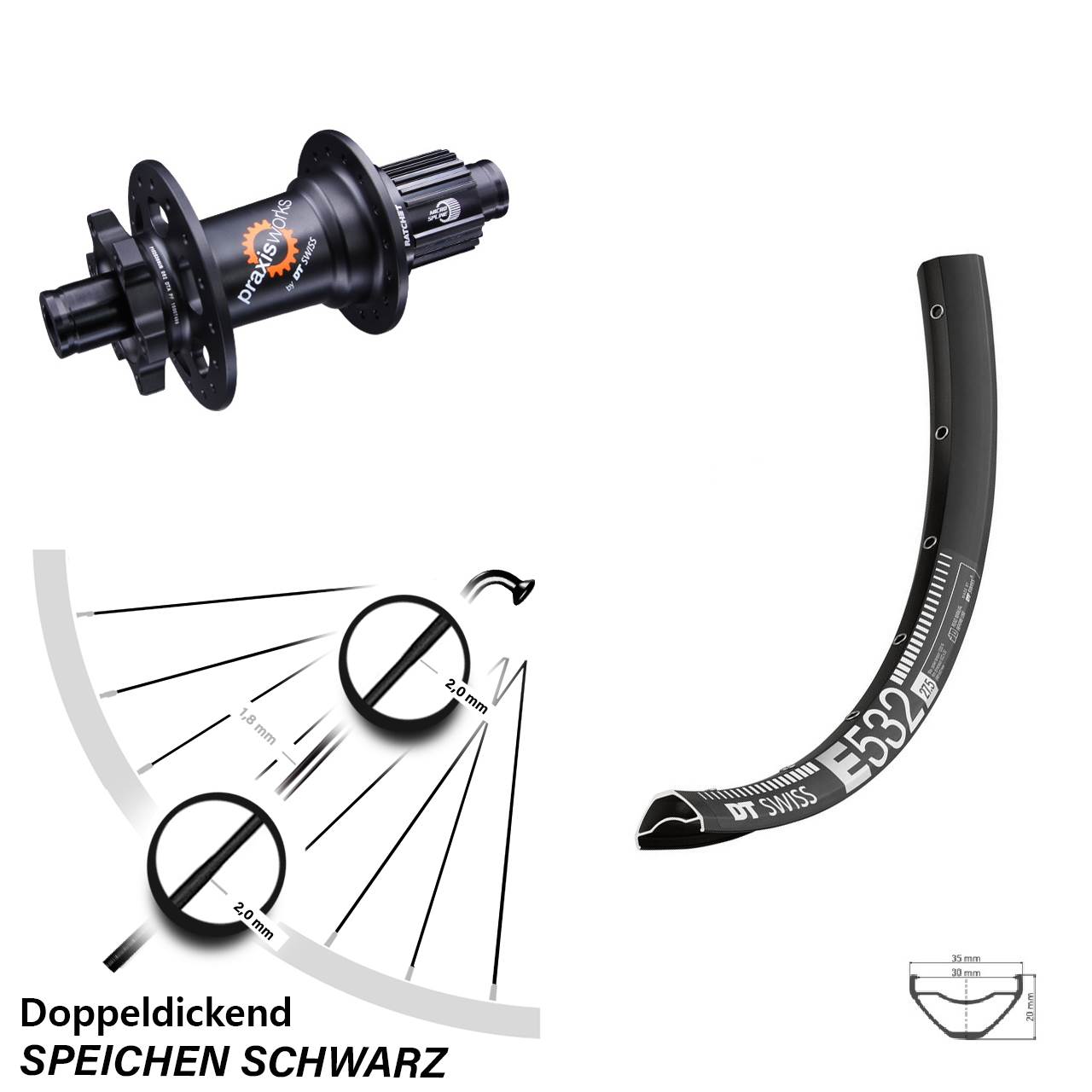 DT Swiss E 532-350 29 Zoll Hinterrad 6-Loch 12x142 Micro Spline