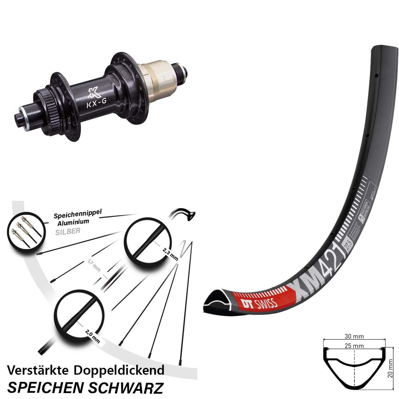 DT Swiss XM 421 KX-G 27,5 Zoll Disc Laufrad für Schnellspanner XDR