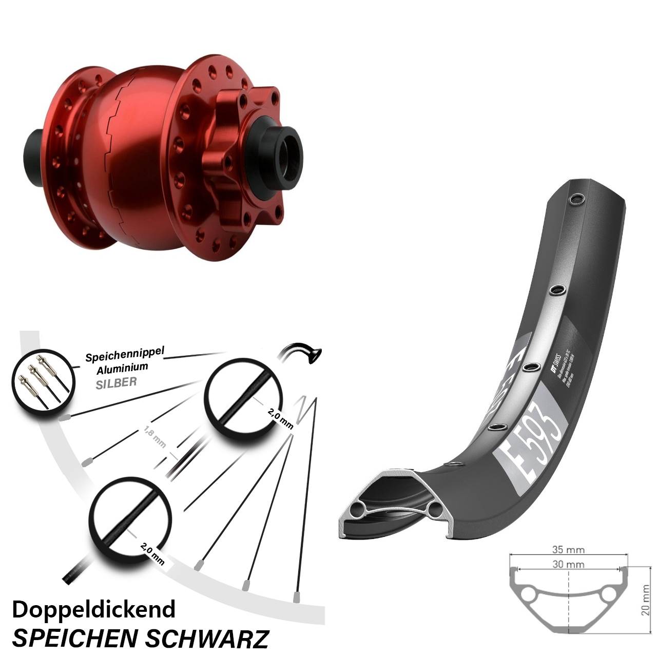 Disc Laufrad mit Nabendynamo 29 Zoll DT Swiss E593 SON 28 rot 15x100
