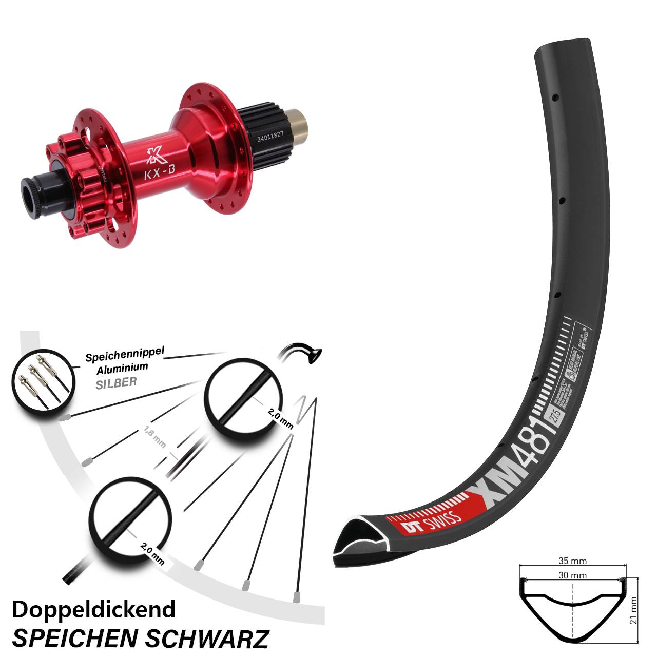 Hinterrad 27,5 Zoll DT Swiss XM 481 KX-B rot 6-Loch Micro Spline 12x148