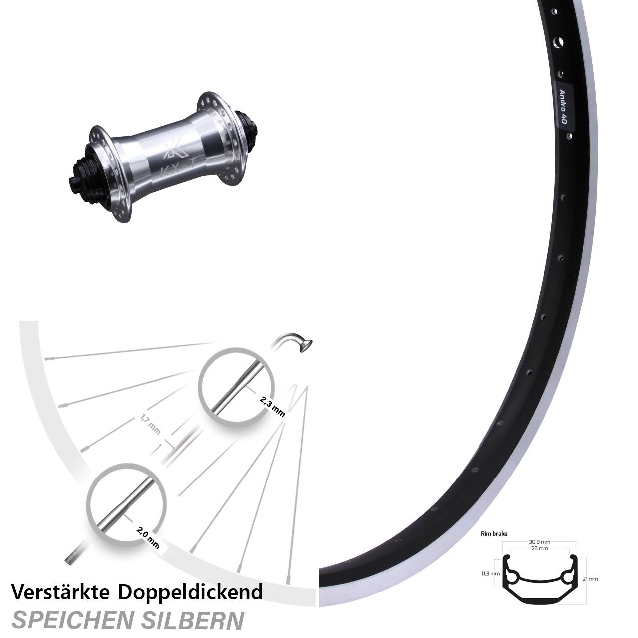 Vorderrad Ryde Andra 40 mit KX-T 5x100 Nabe silbern 28 Zoll Heavy Duty