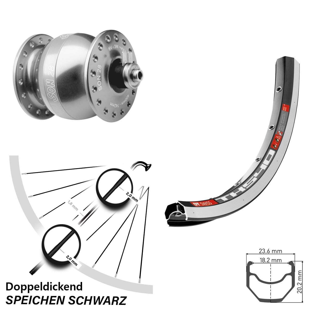Vorderrad mit Nabendynamo 28 Zoll DT Swiss TK 540 SON 28 für Schnellspanner