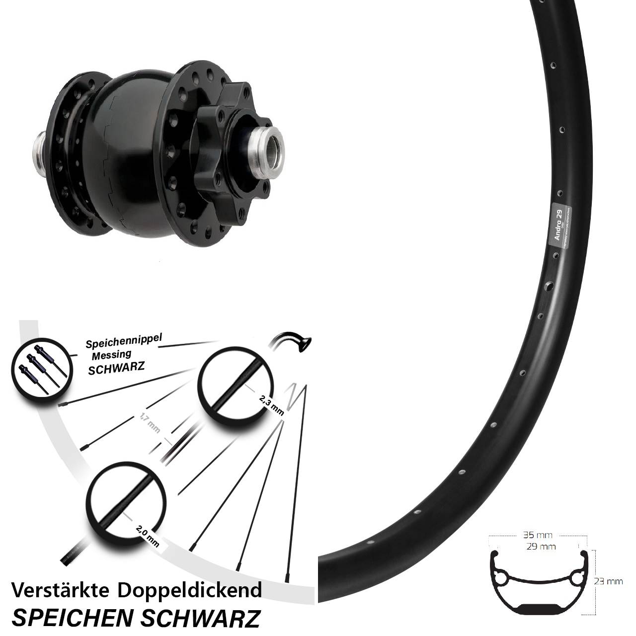SON 28 Disc Ryde Andra 29 Zoll Nabendynamo-Vorderrad 12x100