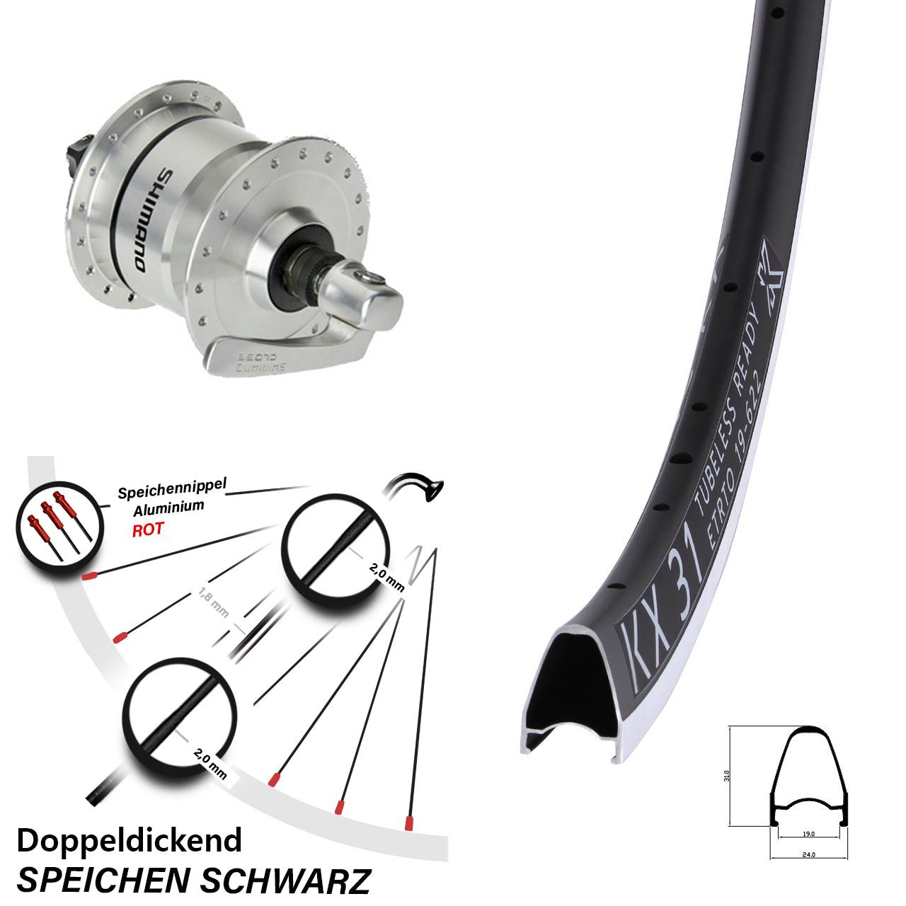 28 Zoll KX 31 Shimano DH3N72 Vorderrad mit Nabendynamo QR