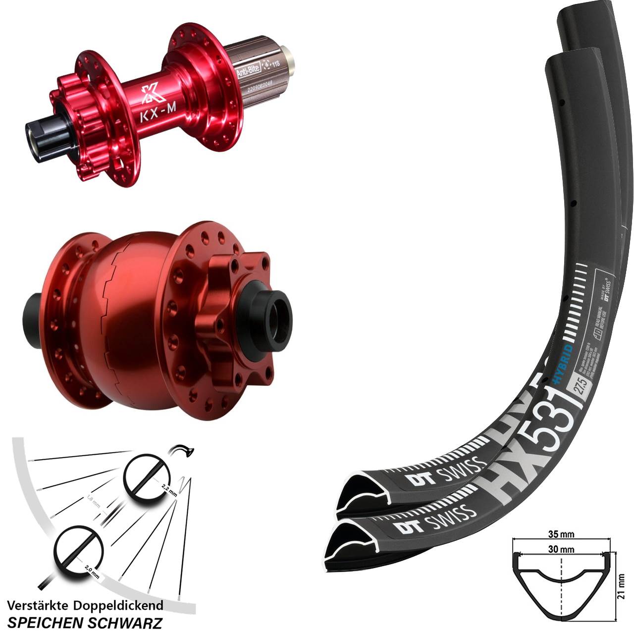 6-Loch Laufradsatz 27,5 Zoll DT Swiss HX 531 KX-M rot SON 28 8-12 fach HG 15x100 12x142