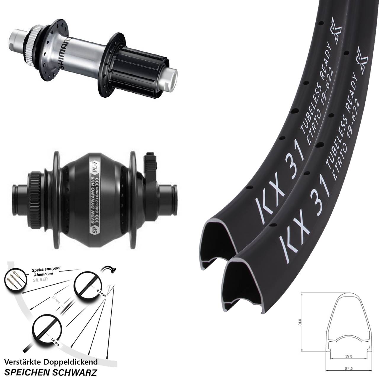 Laufradsatz Centerlock 28 Zoll KX31 Shutter PL-7 Shimano GRX 8-12 fach 12x100/142