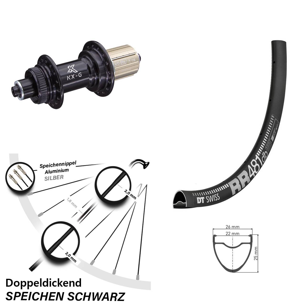 28 Zoll DT Swiss RR481 KX-G Hinterrad Centerlock 8-12 fach QR
