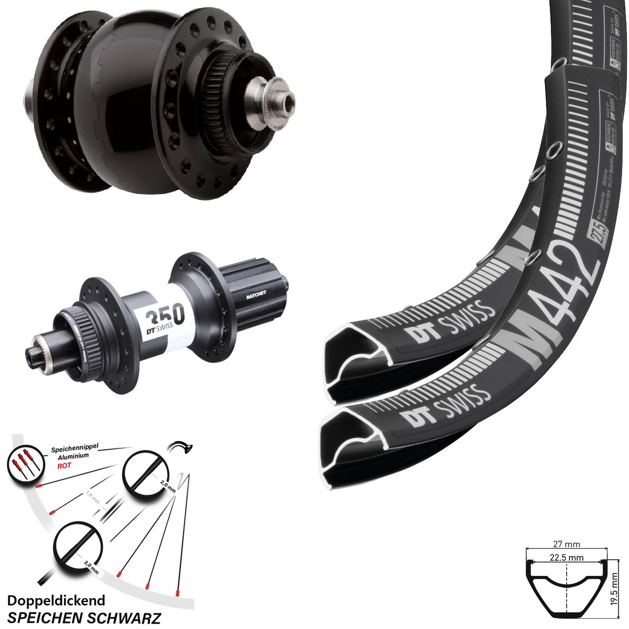 DT Swiss M442-350 SON delux 29 Zoll Laufradsatz für Schnellspanner 8-11 fach