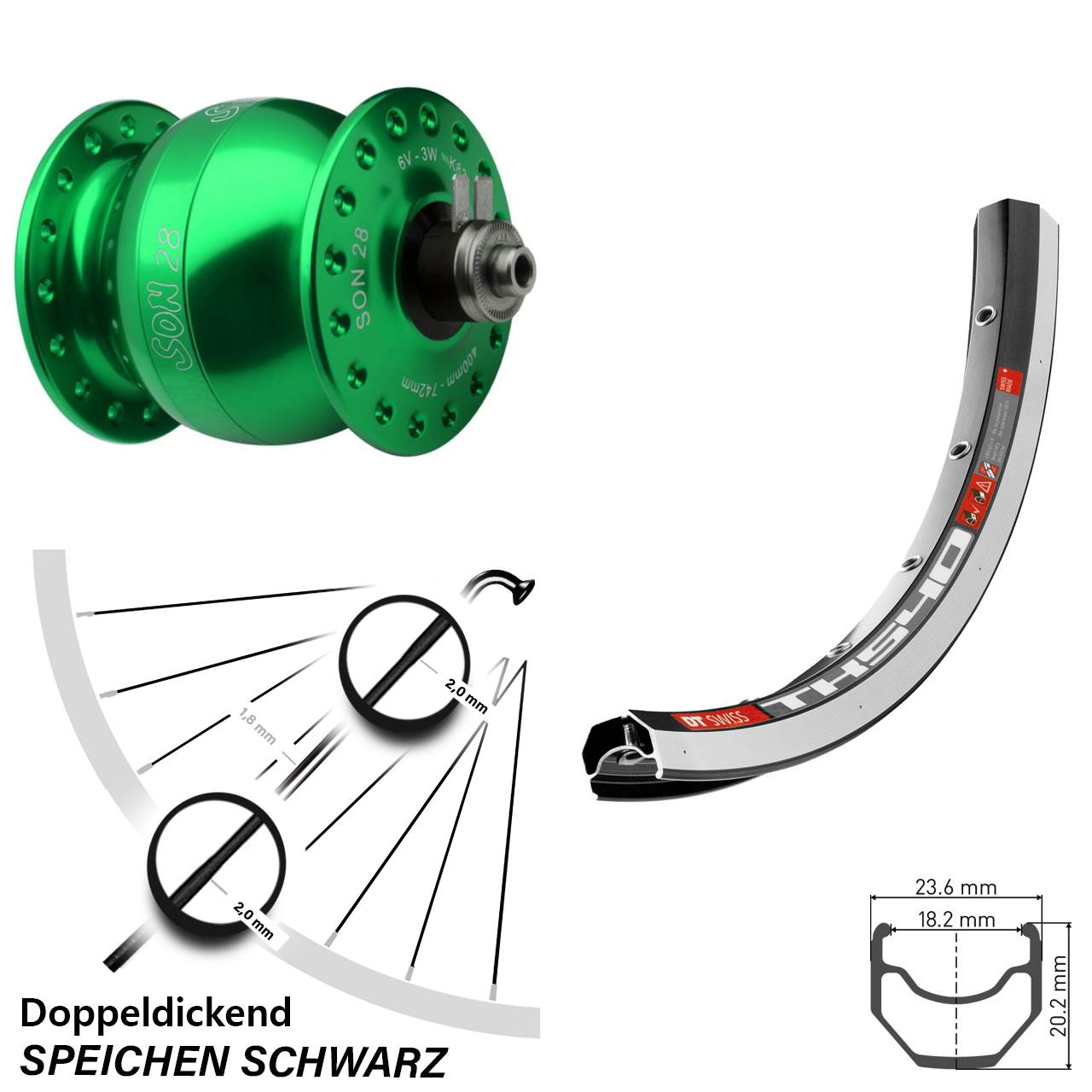Vorderrad Fahrrad Son 28 Zoll DT Swiss TK 540 grüner Nabendynamo