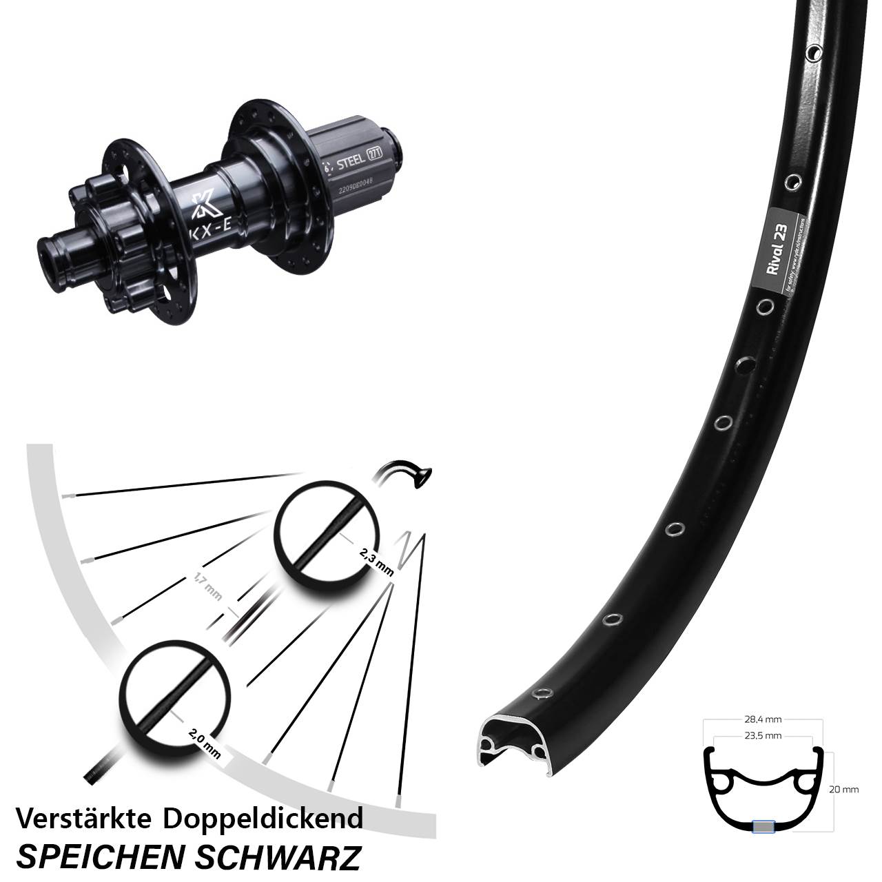 27,5 Zoll Ryde Rival 23 Hinterrad 12x142 Steckachse verstärkt 6-loch KX-E Nabe 8-12 fach