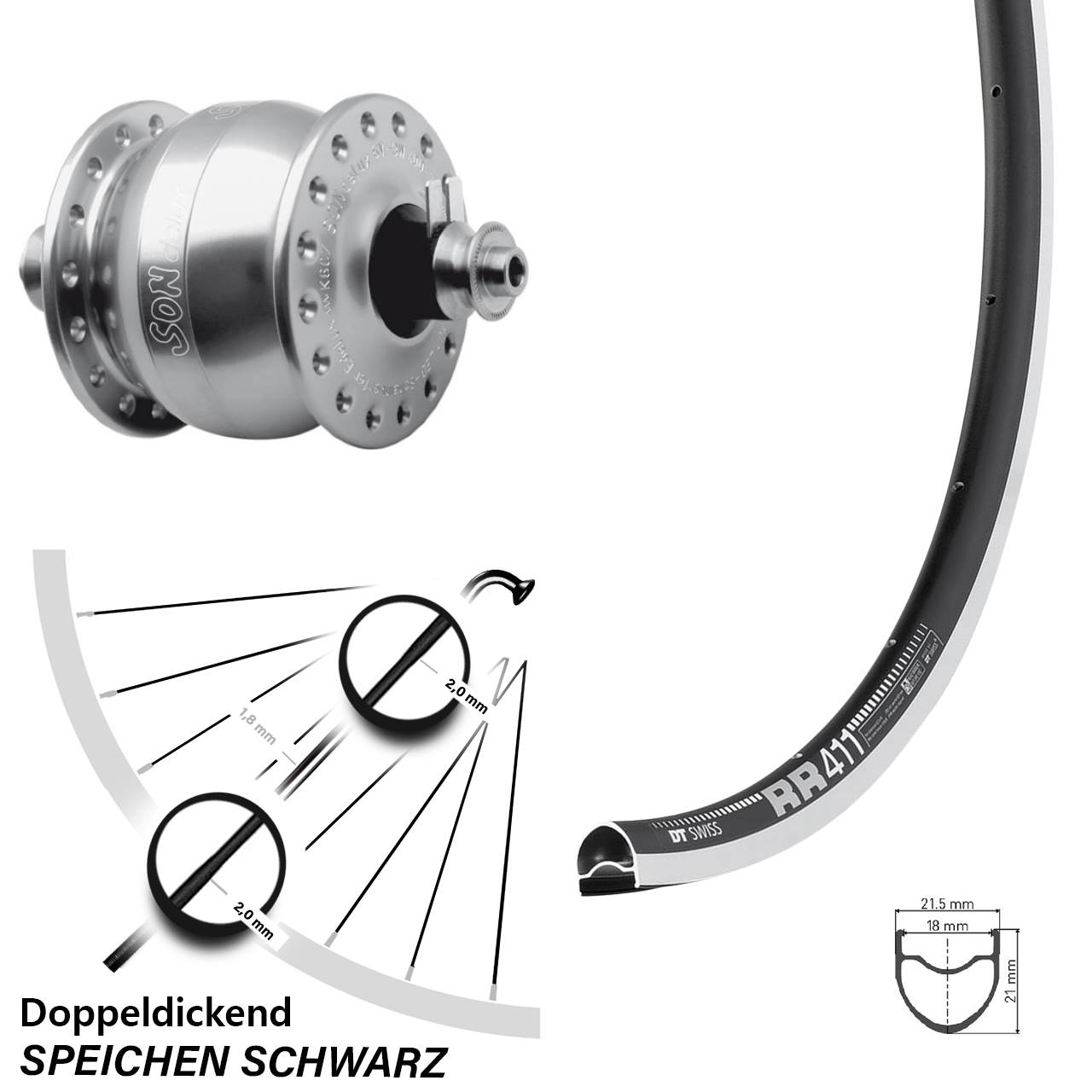 SON delux silbern DT Swiss RR 411 CNC 28 Zoll Laufrad Nabendynamo QR