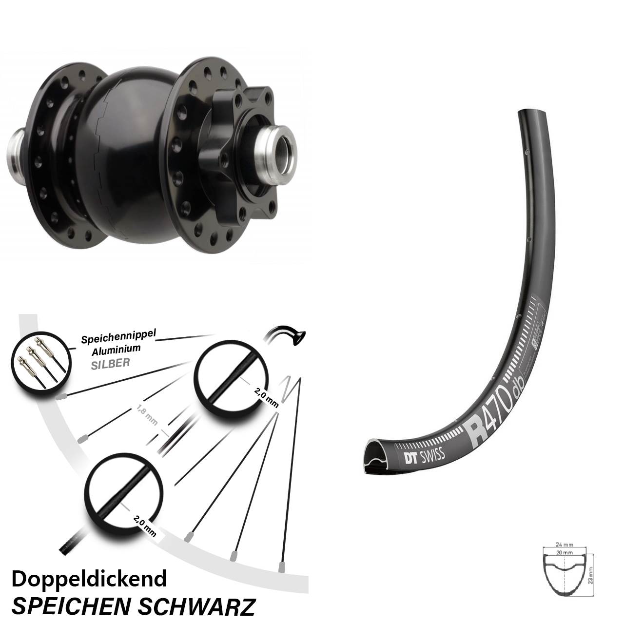 SON 28-12 Dynamo Rennrad DT Swiss R 470 Boost 6-Loch 12x110 mm Vorderrad 28 Zoll schwarz
