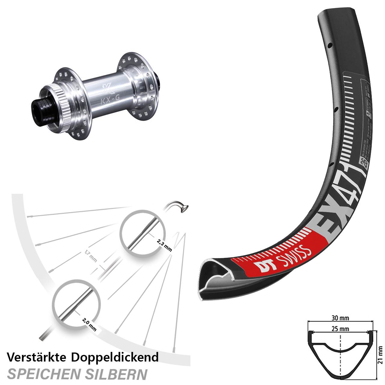 verstärktes 26 Zoll Vorderrad DT Swiss EX 471 mit KX-G Steckachse 15x100 mm silbern
