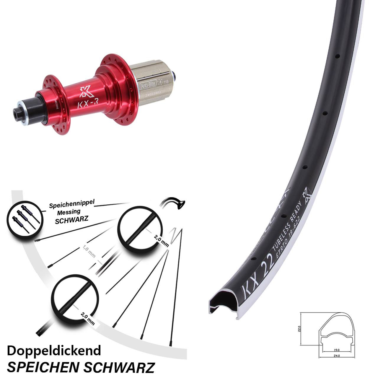 KX-R 22 OS 28 Zoll Laufrad hinten für Schnellspanner 8-12 fach HG
