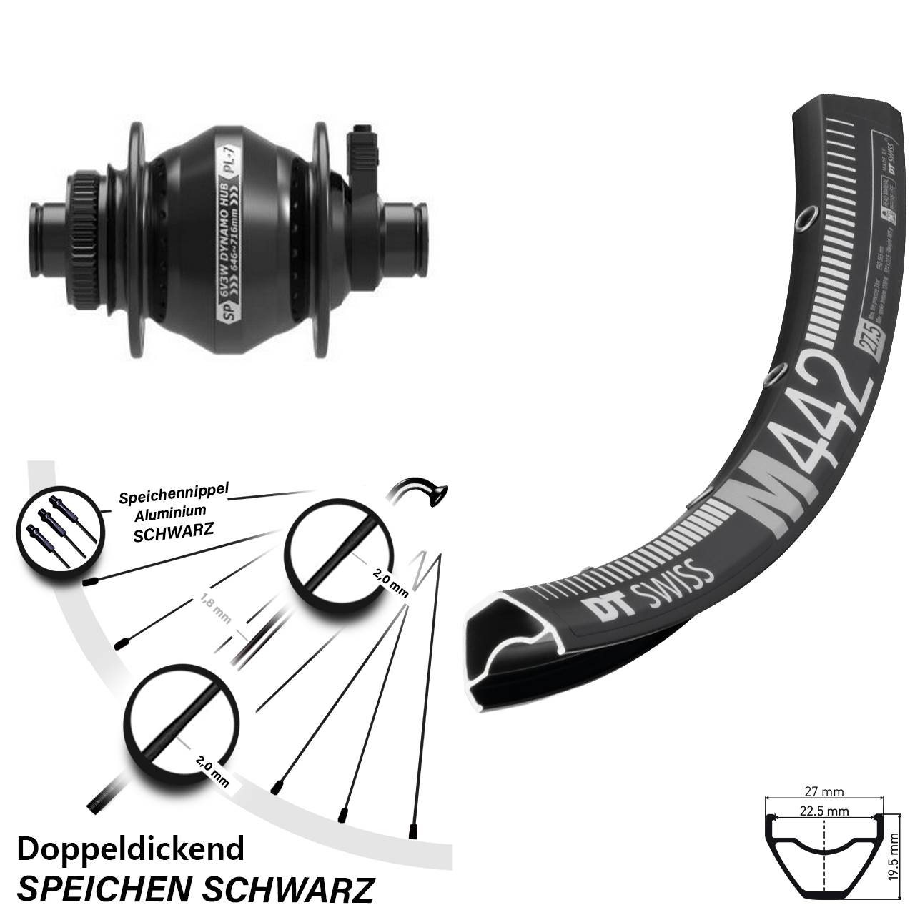 DT Swiss M 442 Shutter Precision PL-7 29 Zoll Disc Laufrad mit Nabendynamo 12x100