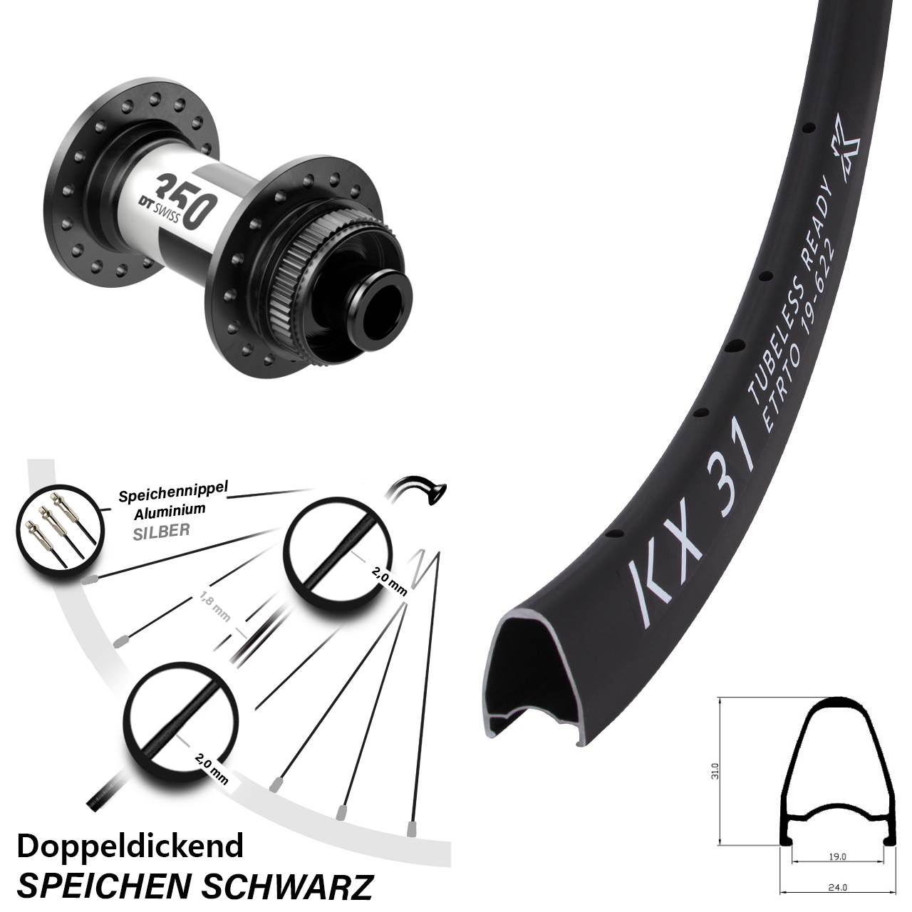 Laufrad 28 Zoll KX 31 Disc DT Swiss 350 12x100 Centerlock