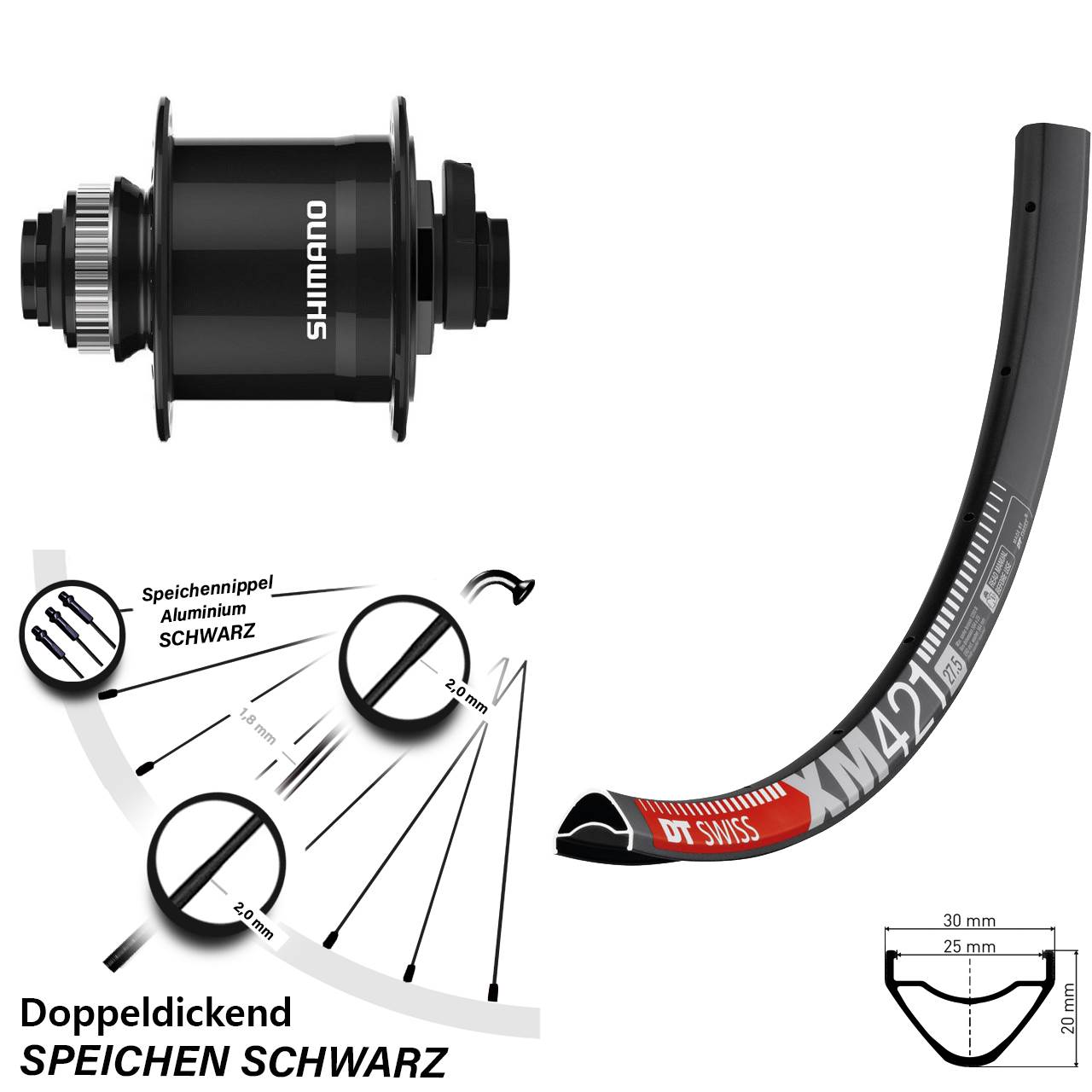 DT Swiss XM421 Shimano DH-UR708-3D 27,5 Zoll Disc Laufrad mit Nabendynamo 15x100