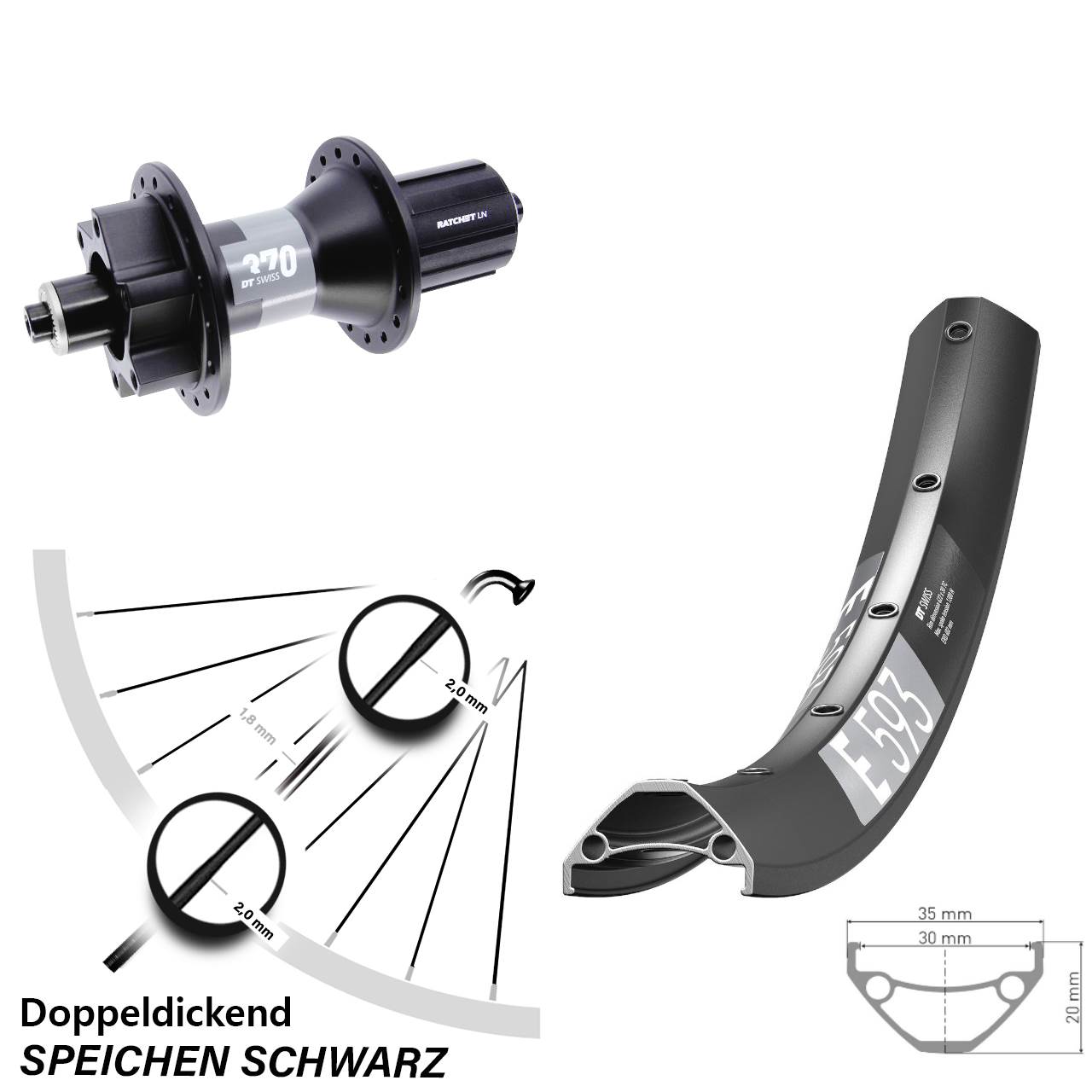 27,5 Zoll DT Swiss E593 370 Boost 6-Loch Hinterrad QR 8-11 fach