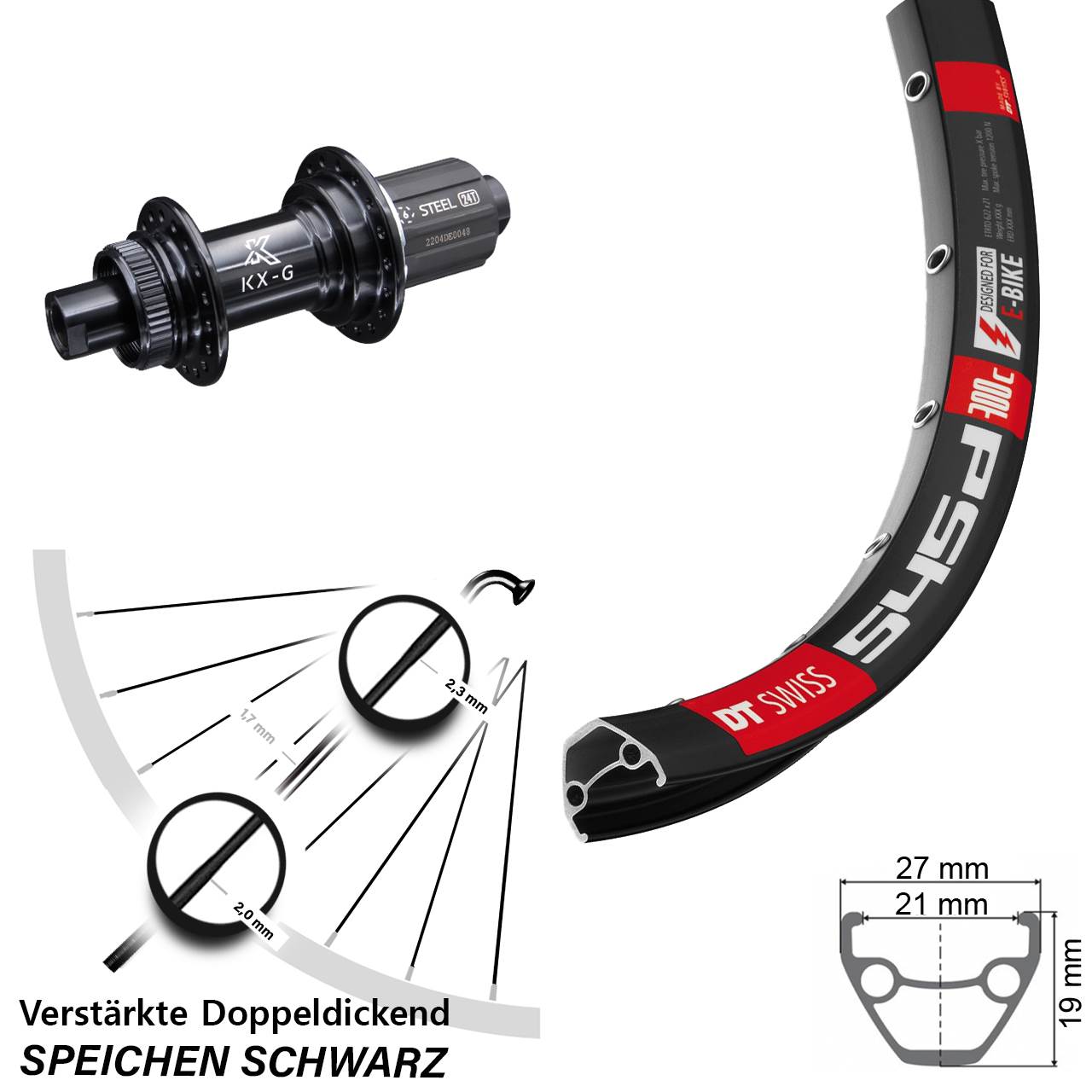 28-29 Zoll Hinterrad E-Bike KX-GS 12x142 mm Centerlock DT Swiss 545 Steckachse 8-12 fach